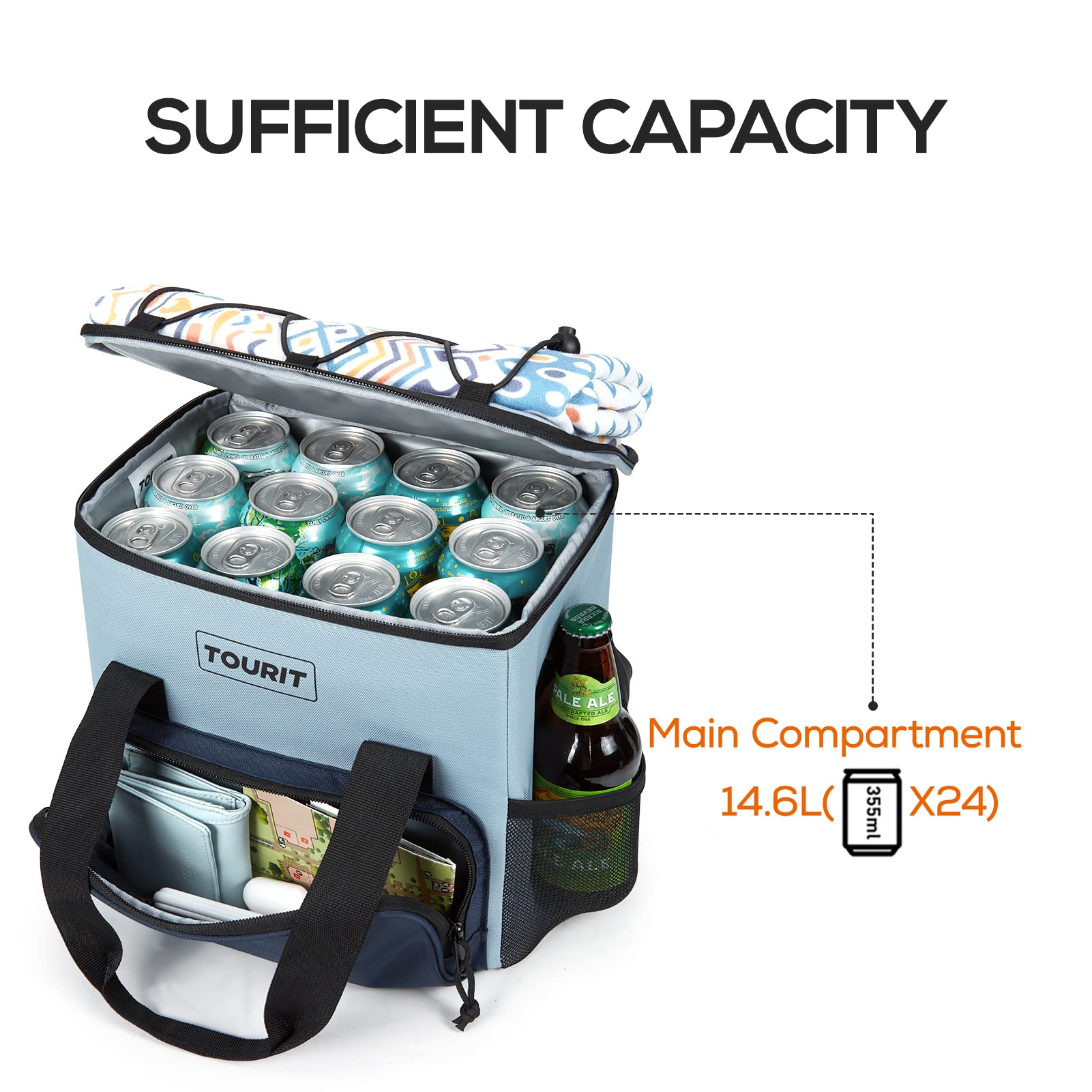 Tourit Cooler Bag 24-Can Insulated Soft Cooler Lunch Coolers Portable Cooler Bag 14.6L For Picnic, Beach, Work, Trip, Daily, Gre