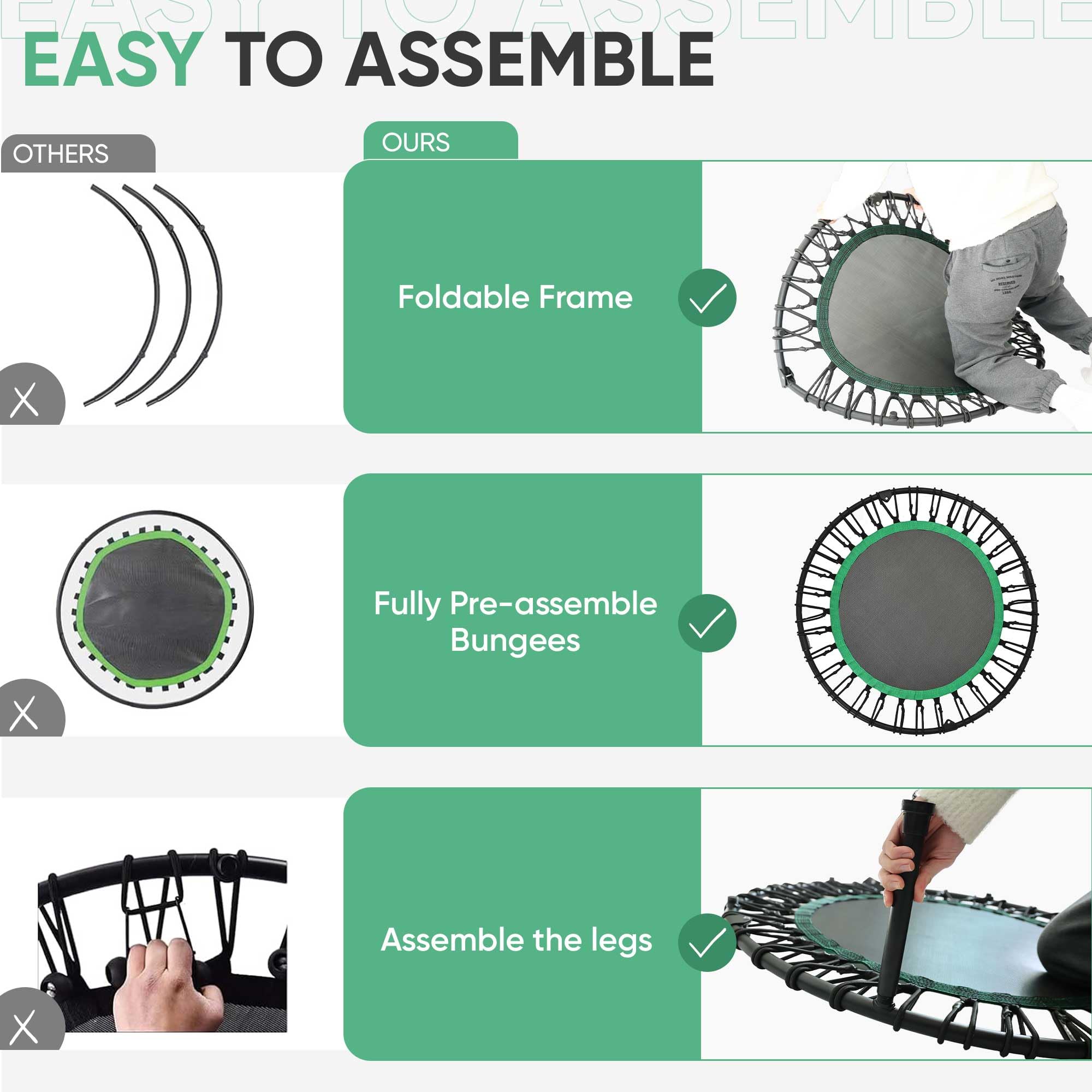Hyd-Parts 40 Foldable Fitness Trampoline For Adults With 32 Bungee Cords 450Lbs, Portable Exercise Mini Trampoline, Small Reboun