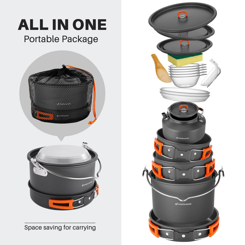 Odoland 18Pcs Camping Cookware Large Size Hanging Pot Pan Kettle Set With Plastic Plates Bowls Soup Spoon For Camping, Backpacki