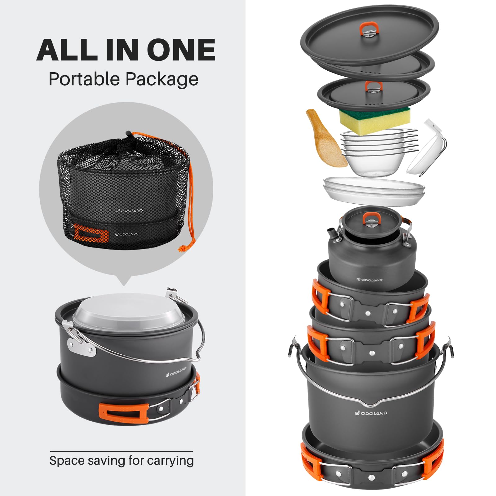 Odoland 18Pcs Camping Cookware Large Size Hanging Pot Pan Kettle Set With Plastic Plates Bowls Soup Spoon For Camping, Backpacki