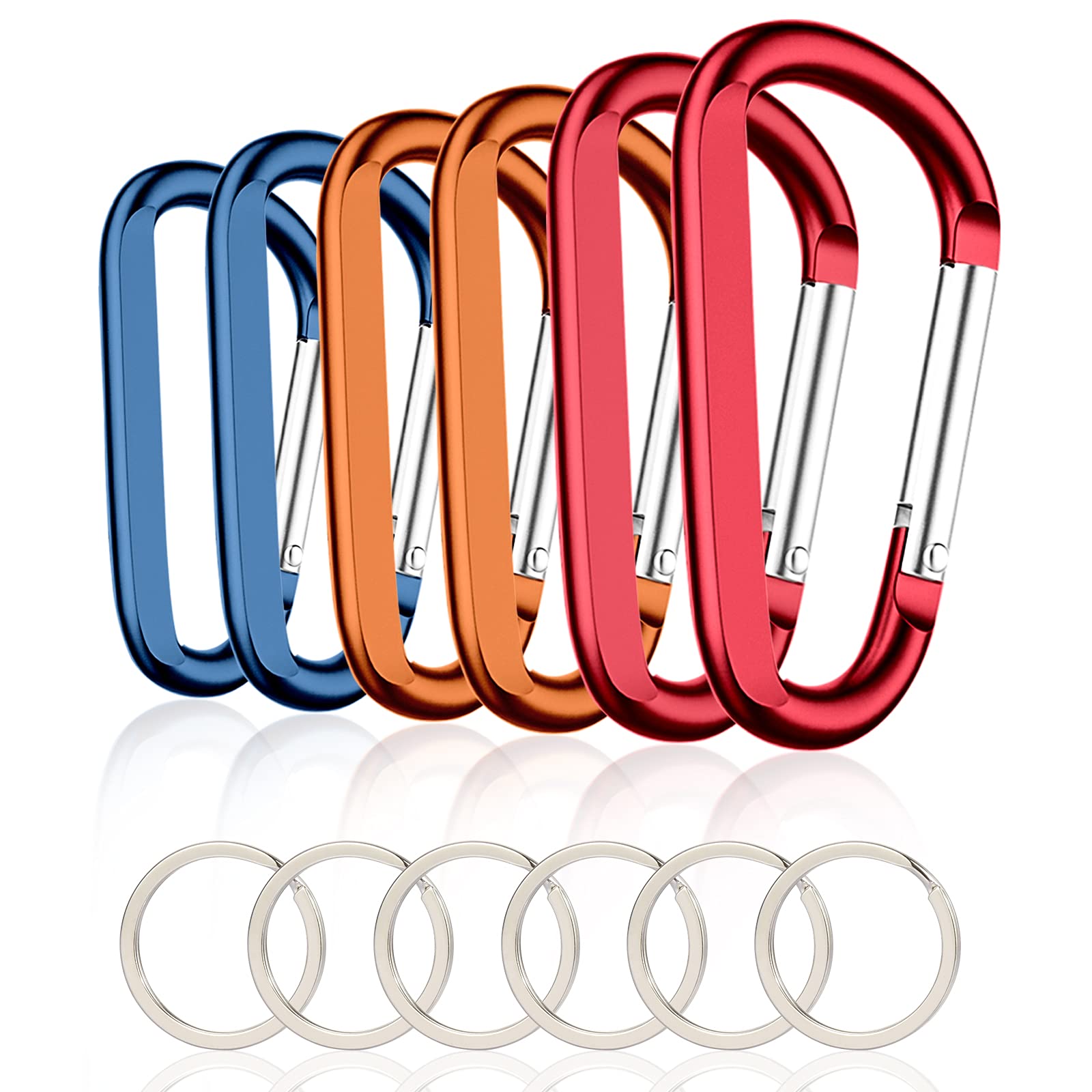 6Pcs Carabiner Caribeaner Clip,3'' Large Aluminum D Ring Shape Carabeaner With 6Pcs Keyring Keychain Hook (2 Orange+2 Navy+2 Red