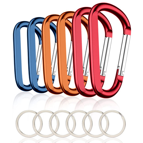6Pcs Carabiner Caribeaner Clip,3'' Large Aluminum D Ring Shape Carabeaner With 6Pcs Keyring Keychain Hook (2 Orange+2 Navy+2 Red