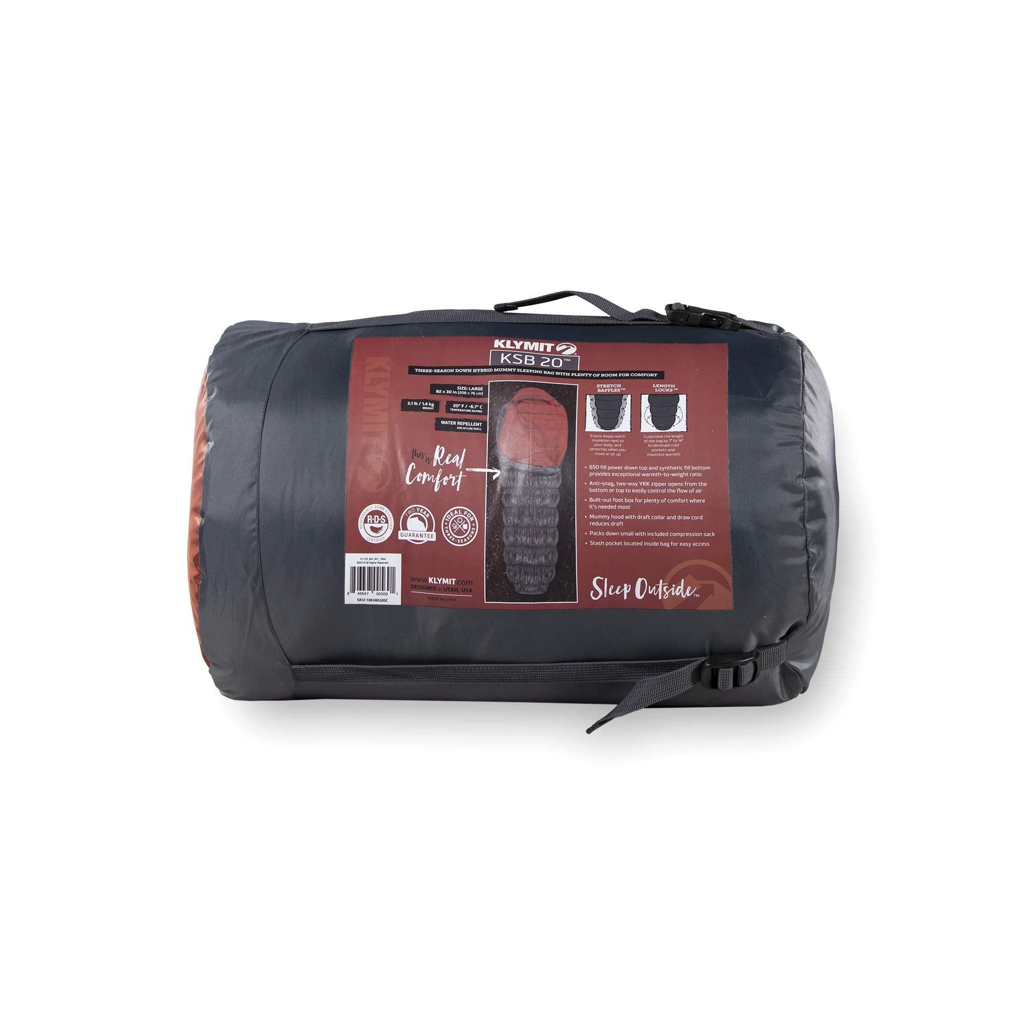 Klymit Ksb Lightweight Mummy Sleeping Bag, 20?F Cold Weather Sleeping Bag For Camping, Hiking, And Backpacking, Gray, Large