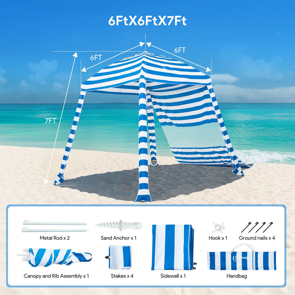Grandekor Upgraded 6'  6' Pop Up Beach Canopy Tent For Family & Kids Upf 50+ Sun Shelter For Pool Camping With Sand Anchor Sidew