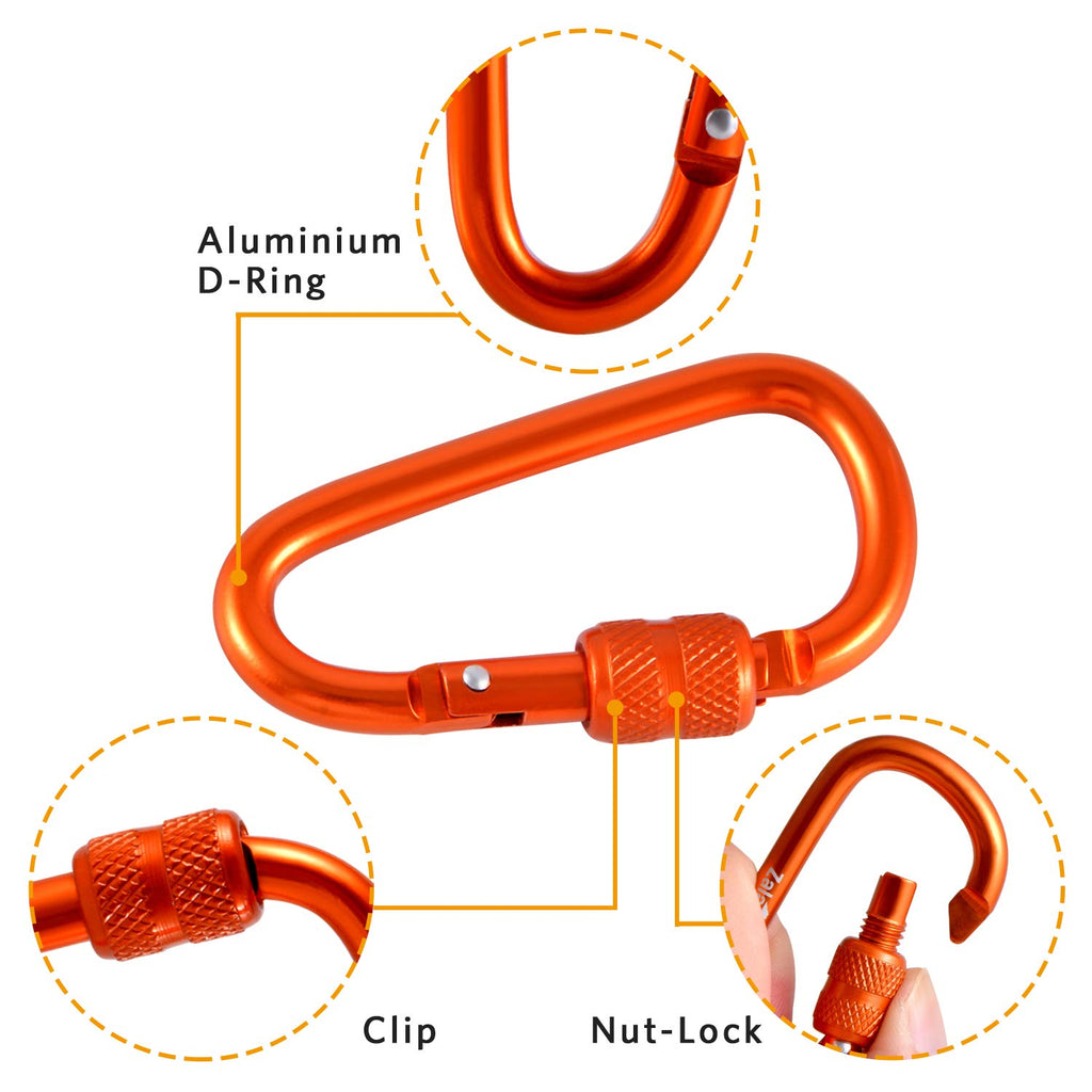 Zalava 2'' 10 Pcs D-Clip Durable Locking Carabiner Clips Keychain Clip, Spring-Loaded Aluminum Keychain Clip Hook, Screwgate Loc