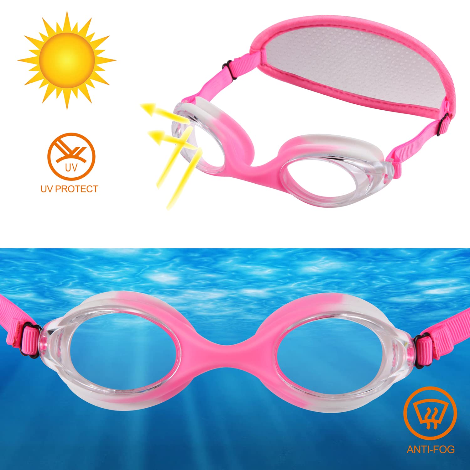 Ruigao Kids Swim Goggles Age 2-6, Toddler Goggles No Hair Pull,Child Goggles Padded Headband (1Pk Kids - Fun Sunmer)