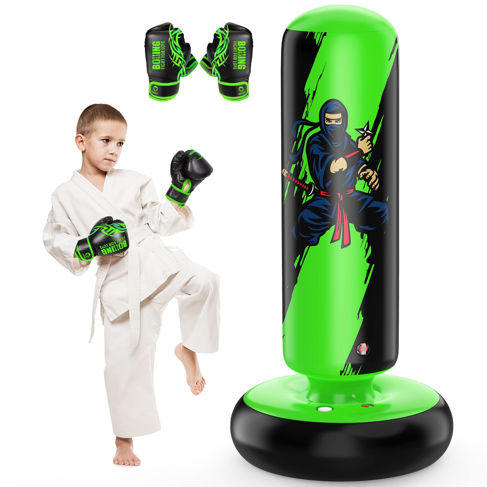 QPAU Punching Bag for Kids, 66 Inch Stable Inflatable Boxing Bag with Boxing Gloves, Stand Kids Punching Bag Toy for Boys & Girl