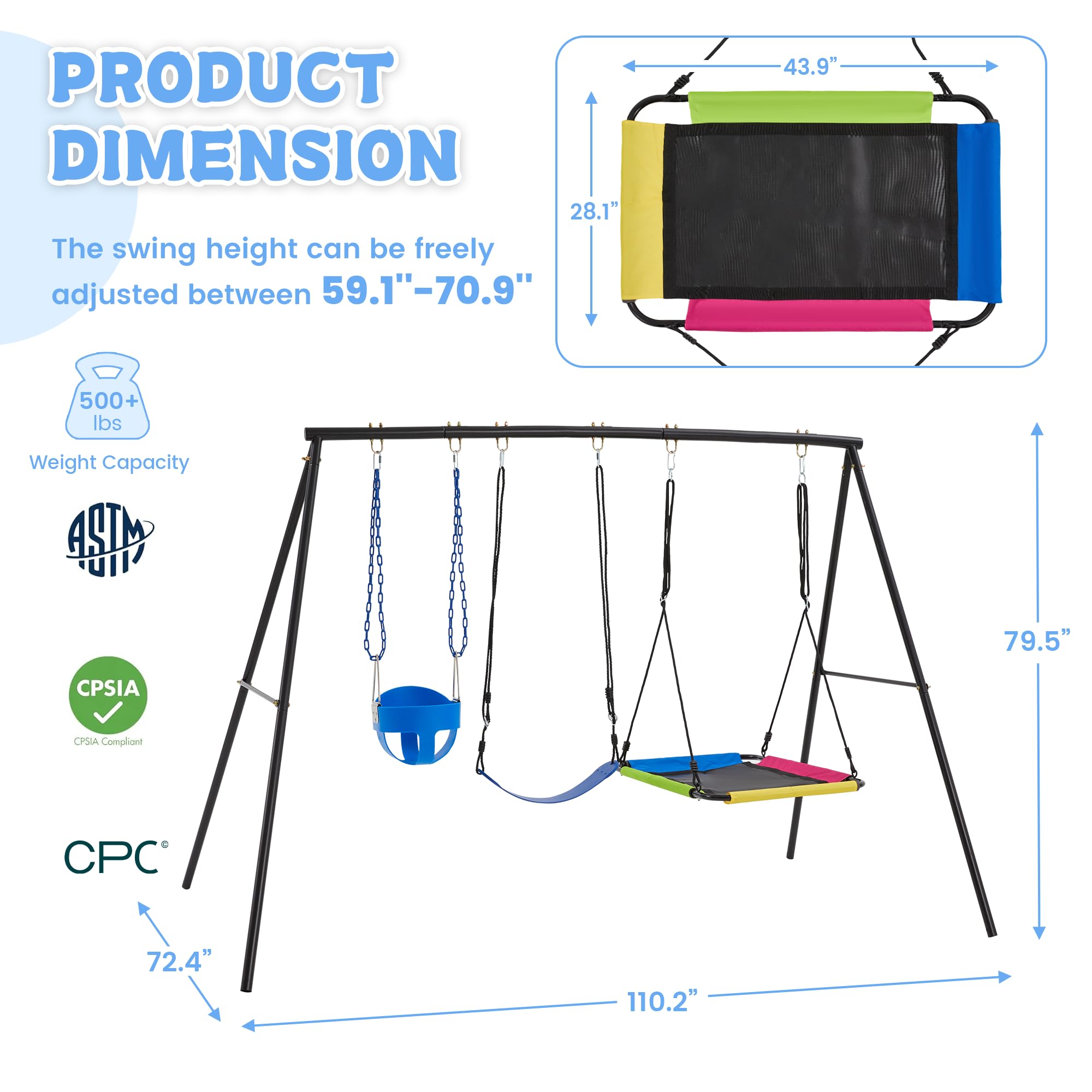 Erommy 3 Seats Swing Sets For Backyard, 1 Saucer Swing, 1 Belt Swing And 1 Baby Swingset, Heavy Duty Outdoor Playset With Adjust