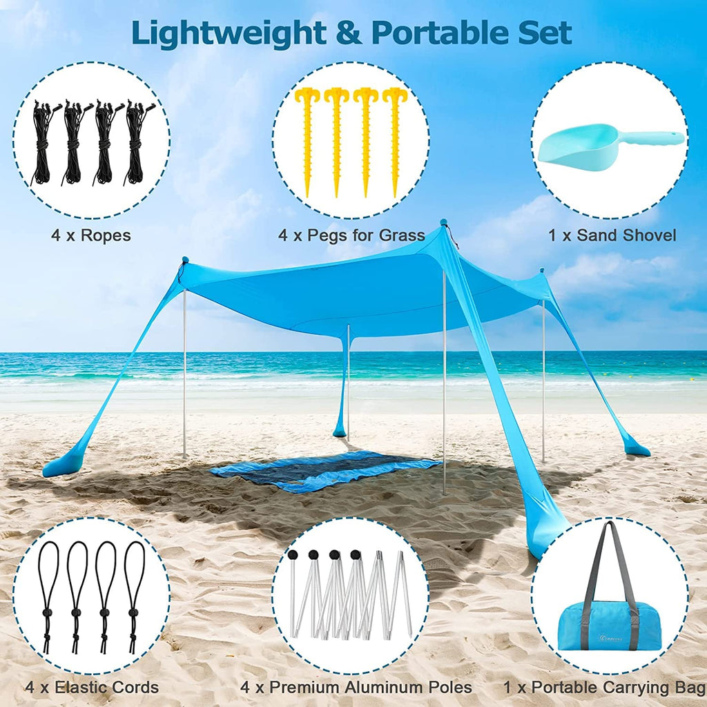 Commouds Beach Tent Canopy With 4 Aluminum Poles, Upf58+ Pop Up Beach Sun Shade, Portable Beach Sun Shelter, Easy Set Up For Bea