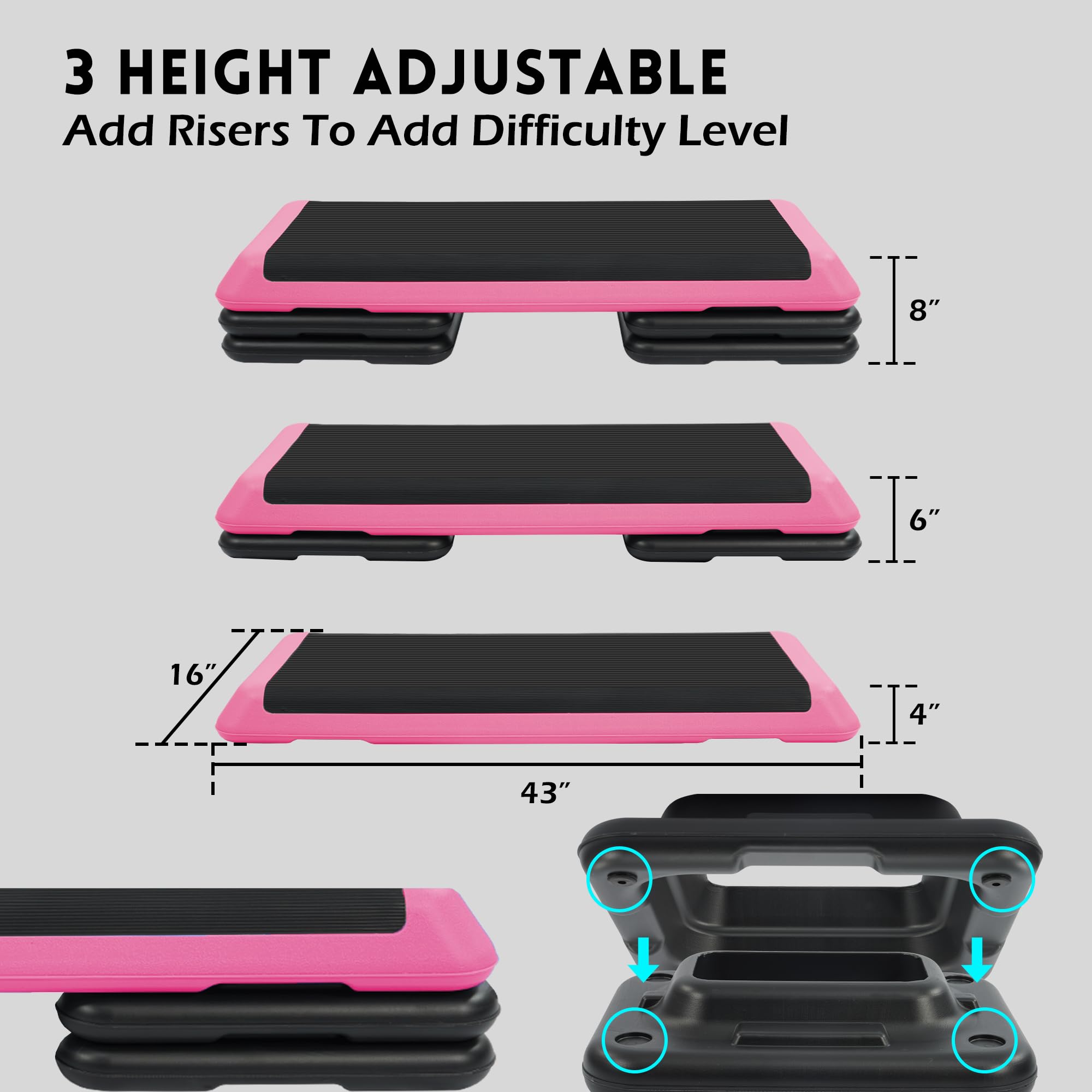Fitvids Step Aerobic Stepper With 4 Stackable Risers, 43'' Aerobic Platform Adjustable Height 4''-6''-8'', Fitness Training Work