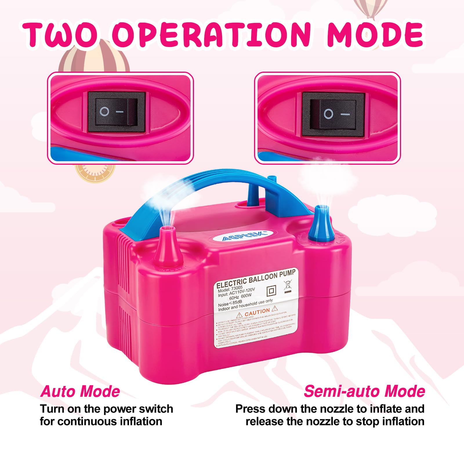 Agptek Electric Air Balloon Pump, 110V 600W Rose Red Portable Dual Nozzle Inflator/Blower For Party Decoration