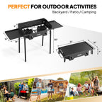 Rovsun 2 Burner Gas Stove With Side Shelves, 150,000 Btu Portable Propane Stove With Removable Legs, Wind Panels & Regulator For