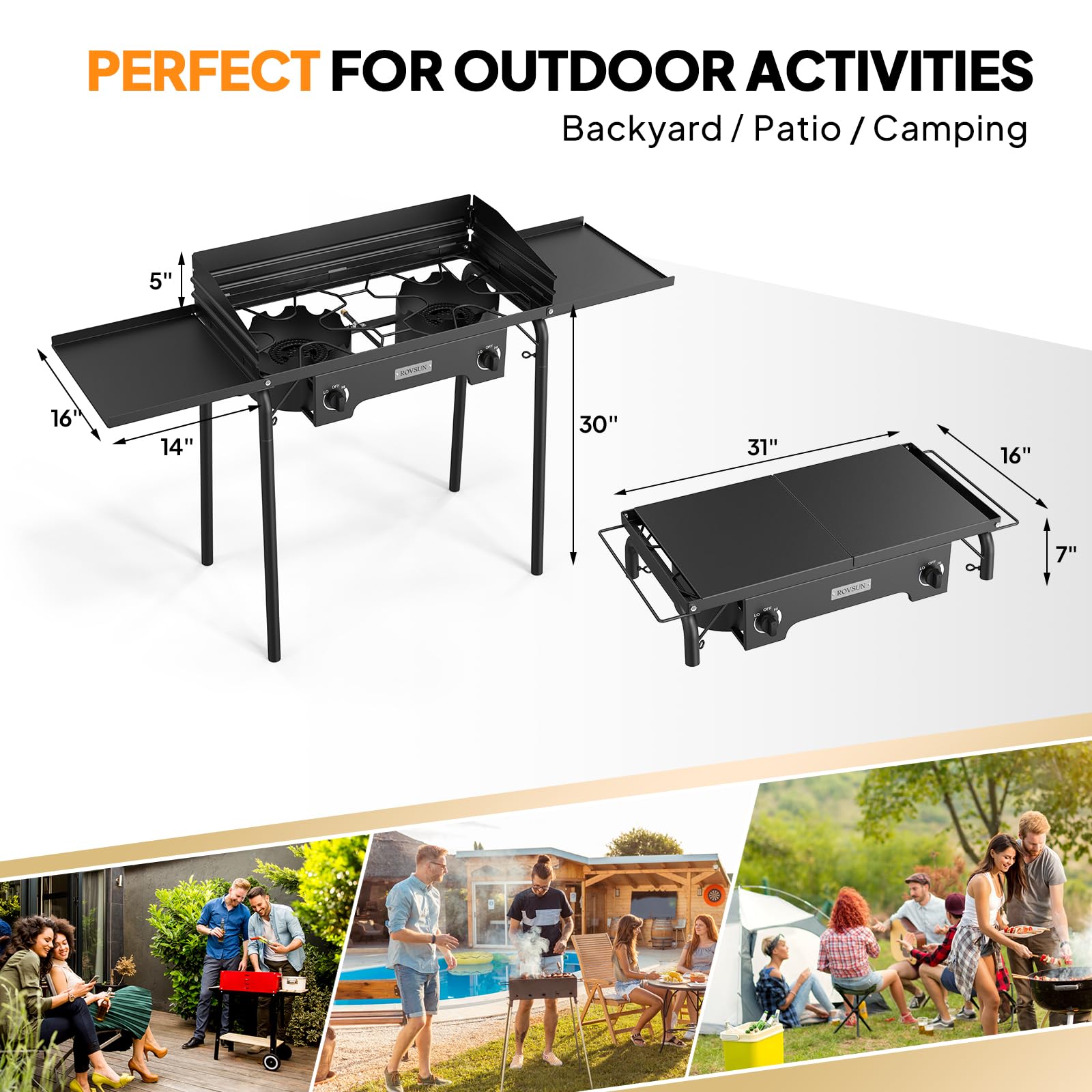 Rovsun 2 Burner Gas Stove With Side Shelves, 150,000 Btu Portable Propane Stove With Removable Legs, Wind Panels & Regulator For