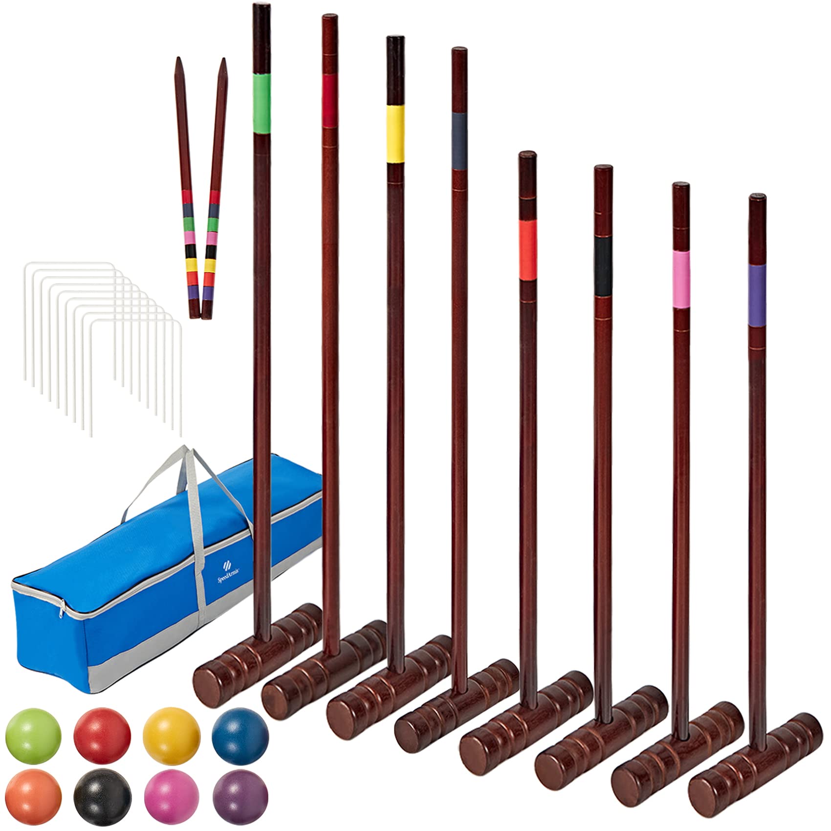 Speedarmis Croquet Set For Adults - 8 Players Croquette Set With 35In Deluxe, 32In Regulation Size Rubber Wood Mallets, Colored 