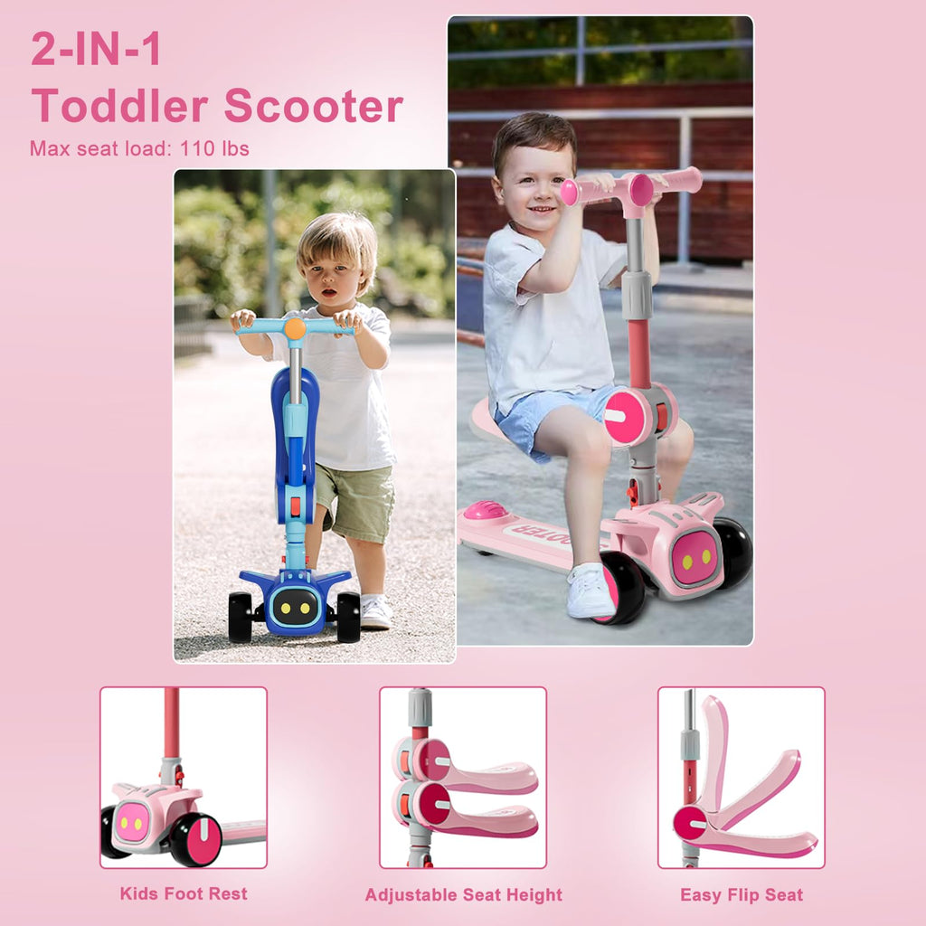 3 Wheel Scooter for Kids - Foldable & Unbreakable, 2-in-1 Kick Scooter with Music and Lights, Adjustable Height, Wide Deck, Flas