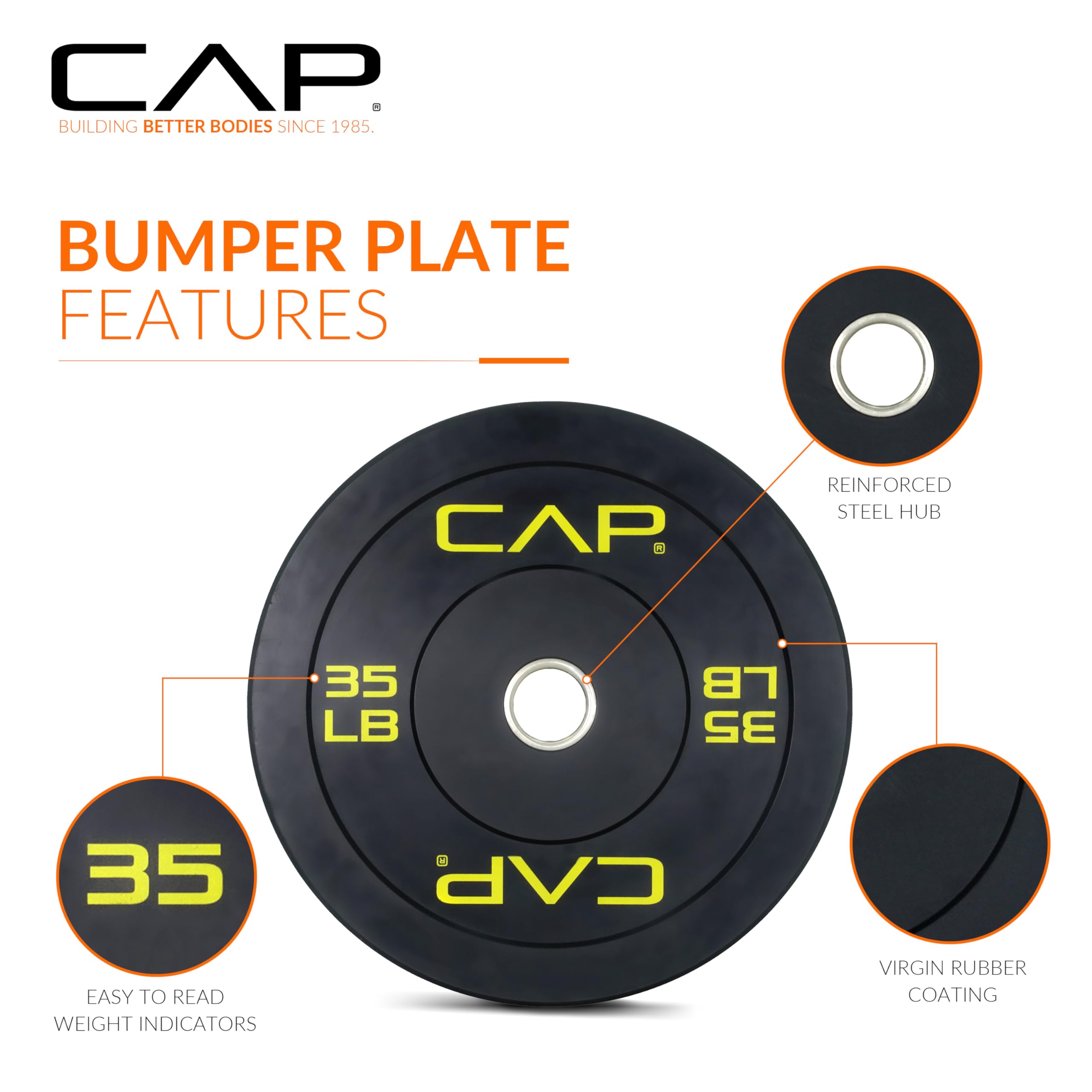 Cap Barbell Budget Olympic Bumper Plate With Yellow Logo, Black, 35 Lb Single