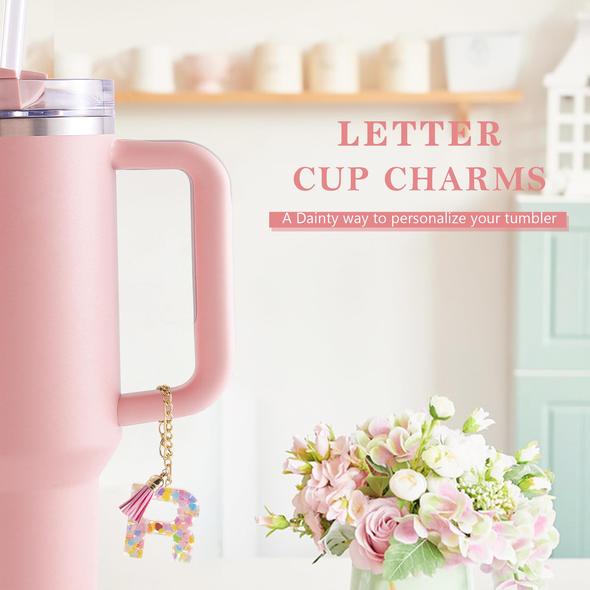 Letter Charm Accessories for Stanley Cup 1 PCS Cute Initial Keychain Handle Charm for Stanley Tumbler for Women Pink Letter R