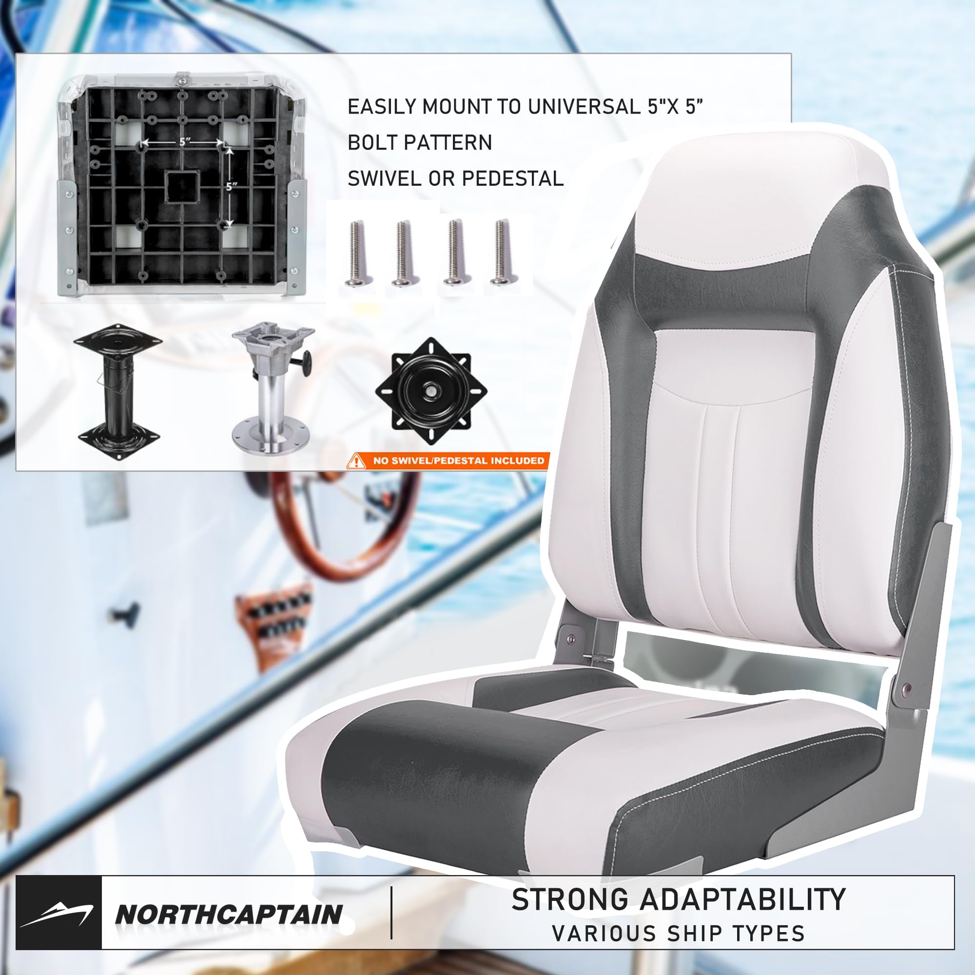 Northcaptain S1 Deluxe A Pair Of Marine High Back Folding Fishing Boat Seat,Stainless Steel Screws Included,White/Charcoal(2 Sea