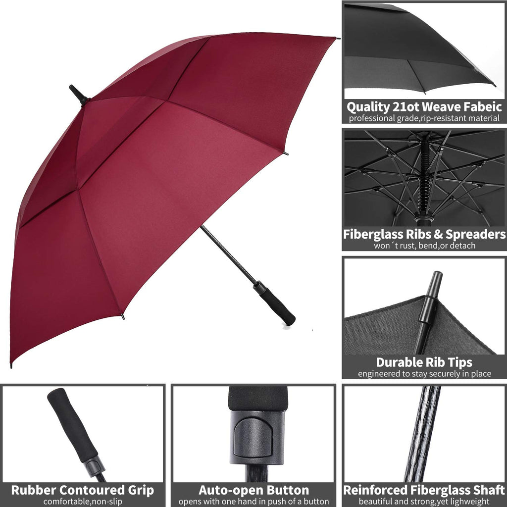 Mrtlloa 72 Inch Automatic Open Burgundy Golf Umbrella, Extra Large Oversize Double Canopy Vented Windproof Waterproof Sports Sti