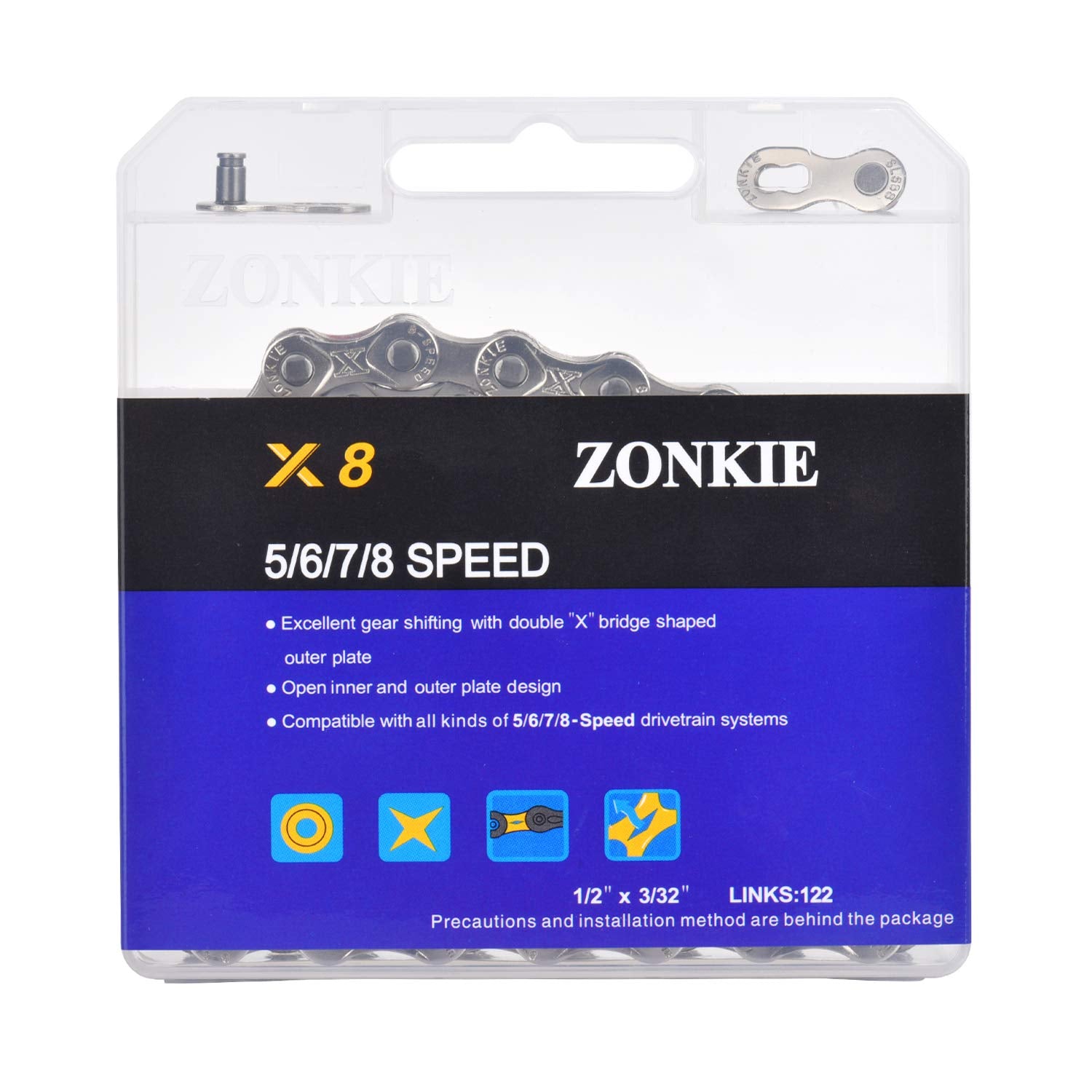 Zonkie 5/6/7/8 Speed Bike Chain 1/2 X 3/32 Inch 122 Links