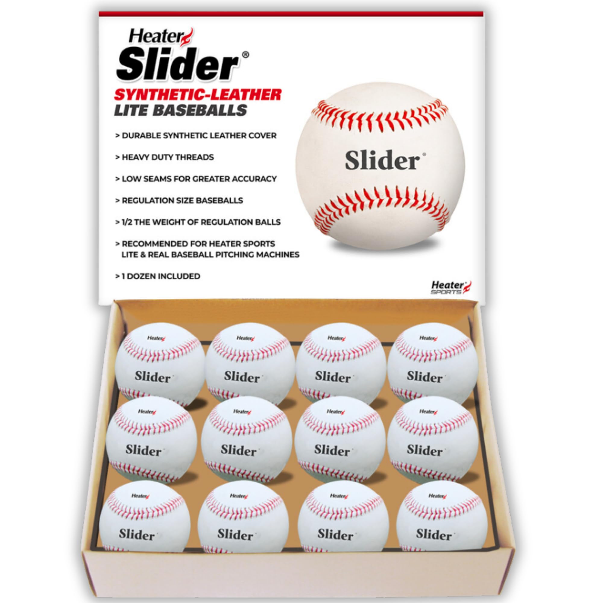 Heater Sports Slider Lite Genuine Leather Pitching Machine Baseballs - 1 Dozen, Accurate, & Long-Lasting | Perfect For Batting &