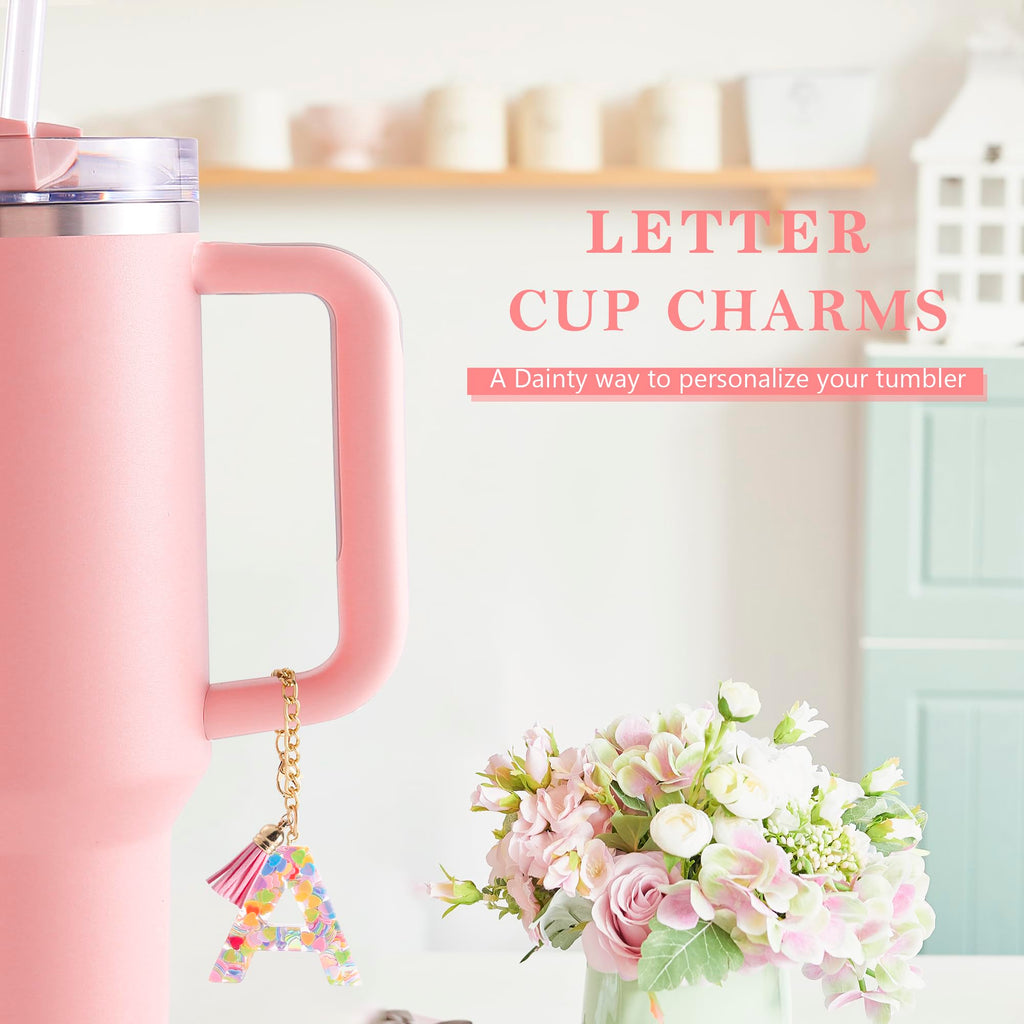 Letter Charm Accessories for Stanley Cup 1 PCS Cute Initial Keychain Handle Charm for Stanley Tumbler for Women Pink Letter A