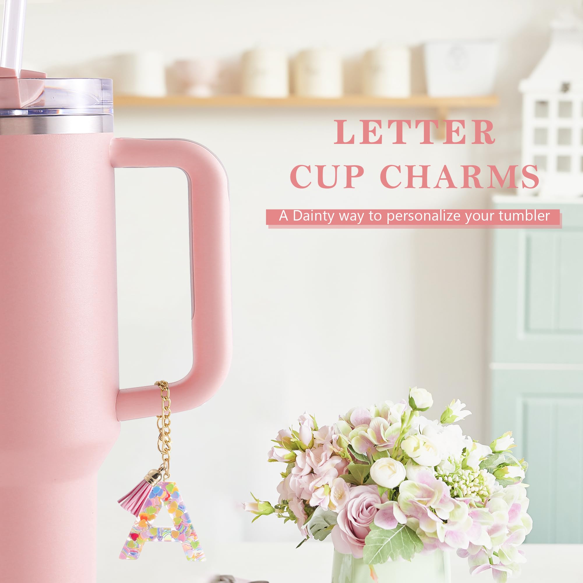 Letter Charm Accessories for Stanley Cup 1 PCS Cute Initial Keychain Handle Charm for Stanley Tumbler for Women Pink Letter A