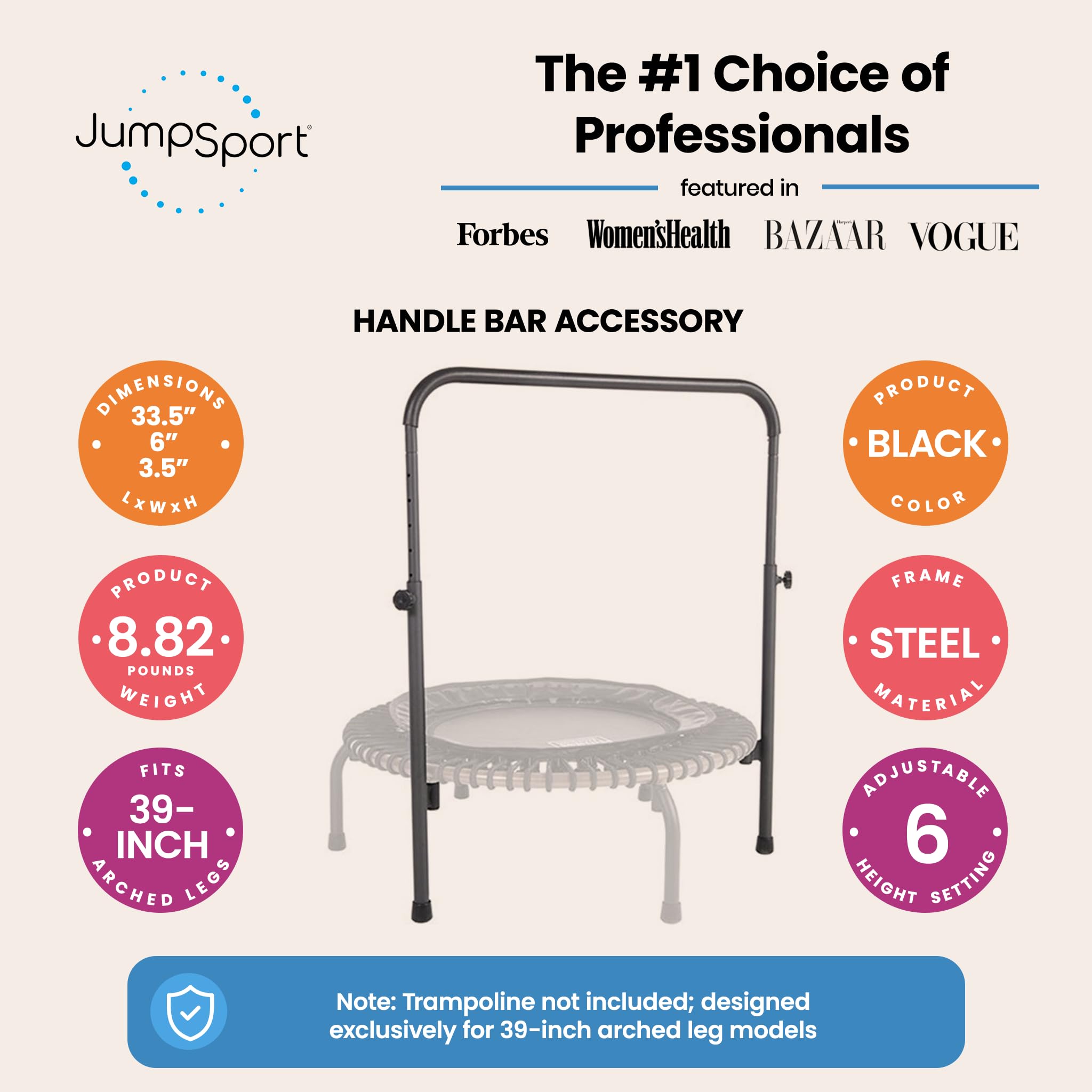 Jumpsport Handle Bar Accessory For Arched Leg Fitness Trampolines | Black | Adjustable Height Settings | Trampoline Not Included