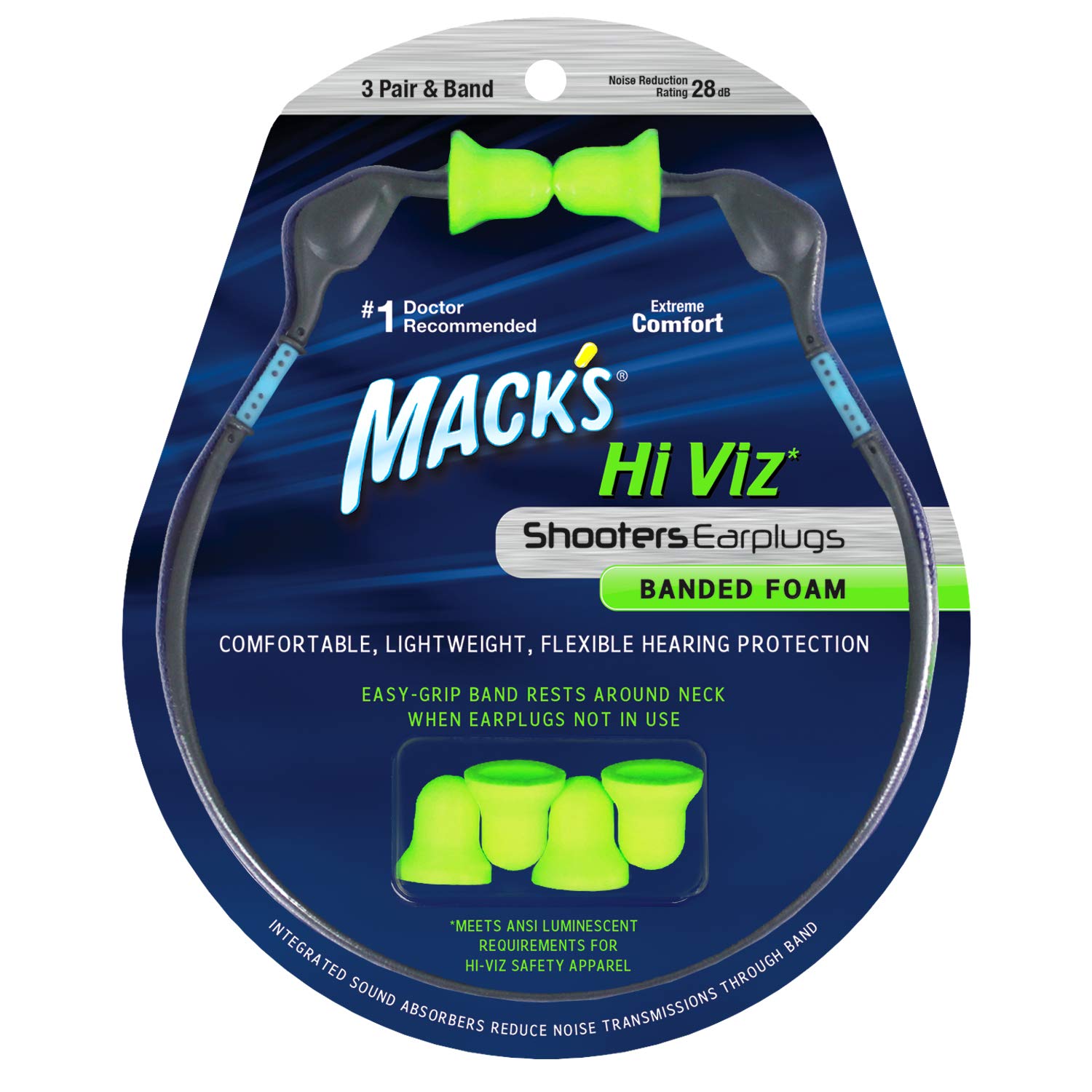 Macks Hi Viz Banded Foam Shooting Earplugs, 3 Pair with Band - Most Visible Color, Easy Compliance Checks, 28dB High NRR - Comfo