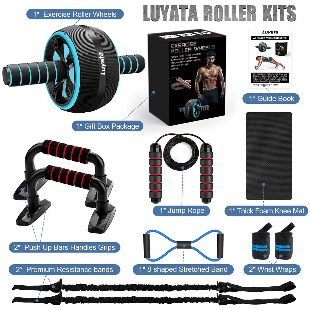 10-In-1 Ab Wheel Roller Kit With Resistance Bands, Knee Mat, Jump Rope, Push-Up Bar - Home Gym Equipment For Men Women (Blue)