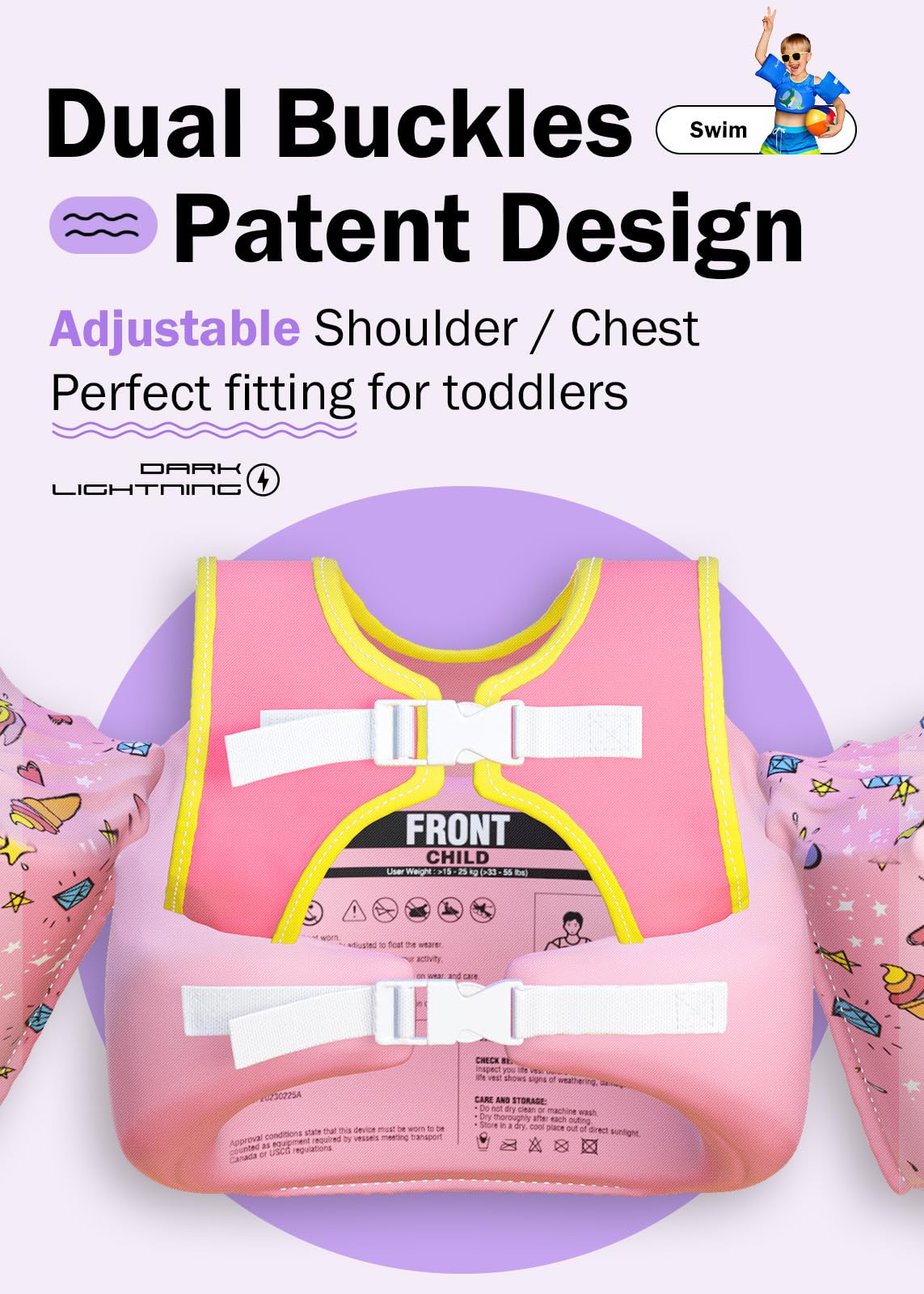 Dark Lightning Toddler Floaties, Swim Vest For Boys And Girls Age 2-7 Years Old, 20-50 Pounds Children Water Wings Arm Floaties