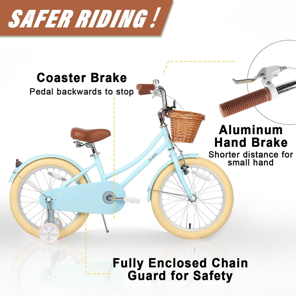 Glerc Little Molly 18 Inch Kids Bike, Retro Cruiser Girls Bike for Children Ages 5-9 Years Old, Kids Bicycle with Wicker Basket