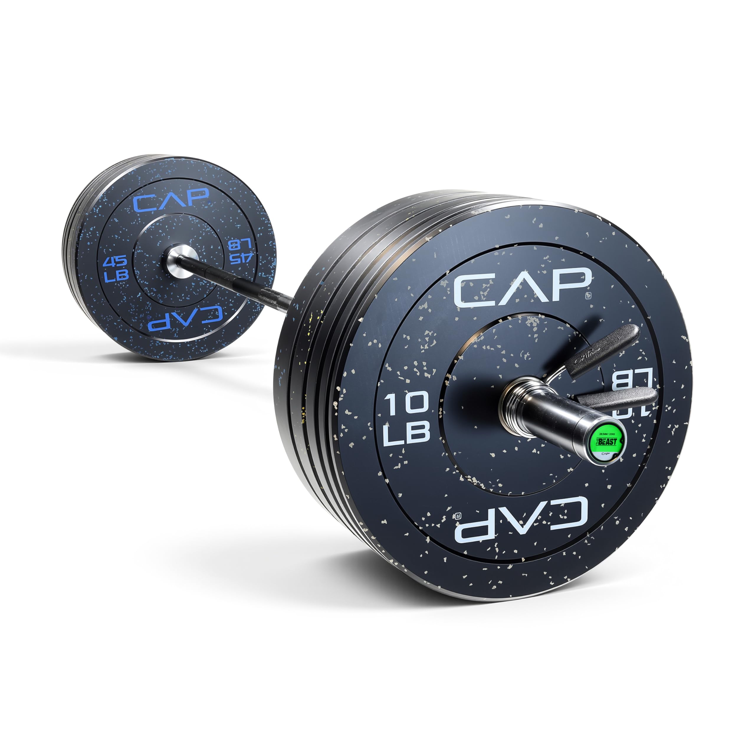 CAP Barbell 260 lb Economy - Speckled Olympic Weight Set with 7ft Black/Chrome Barbell & Black Bumper Plates with Color Logo