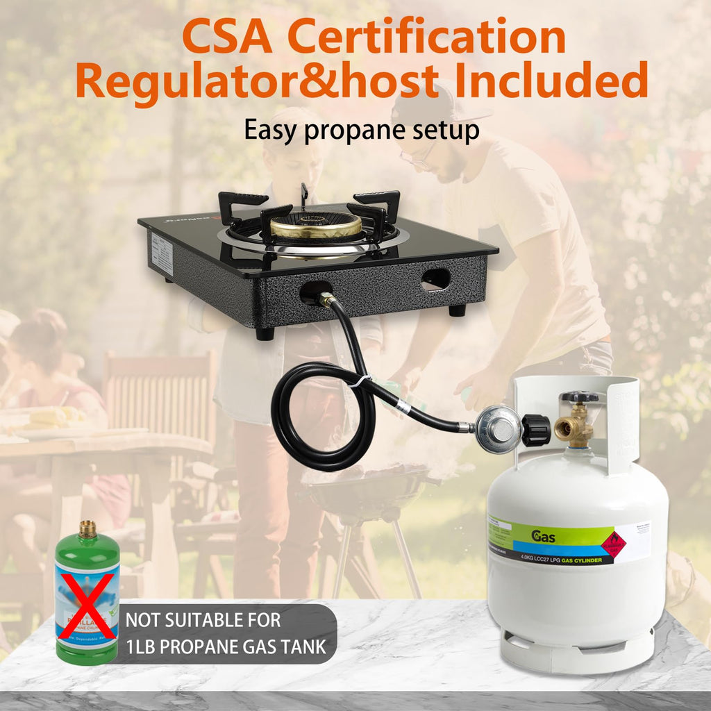 Besnerg Propane Stove 1 Burner Gas Stove, 14500 Btu High-Efficiency Auto Ignition Tempered Glass Lpg Cooktop With Csa Regulator