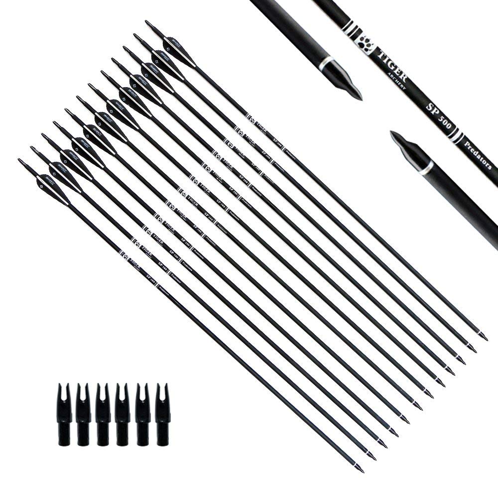 Tiger Archery 30Inch Carbon Arrow Practice Hunting Arrows With Removable Tips For Compound & Recurve Bow(Pack Of 12) (Black Whit