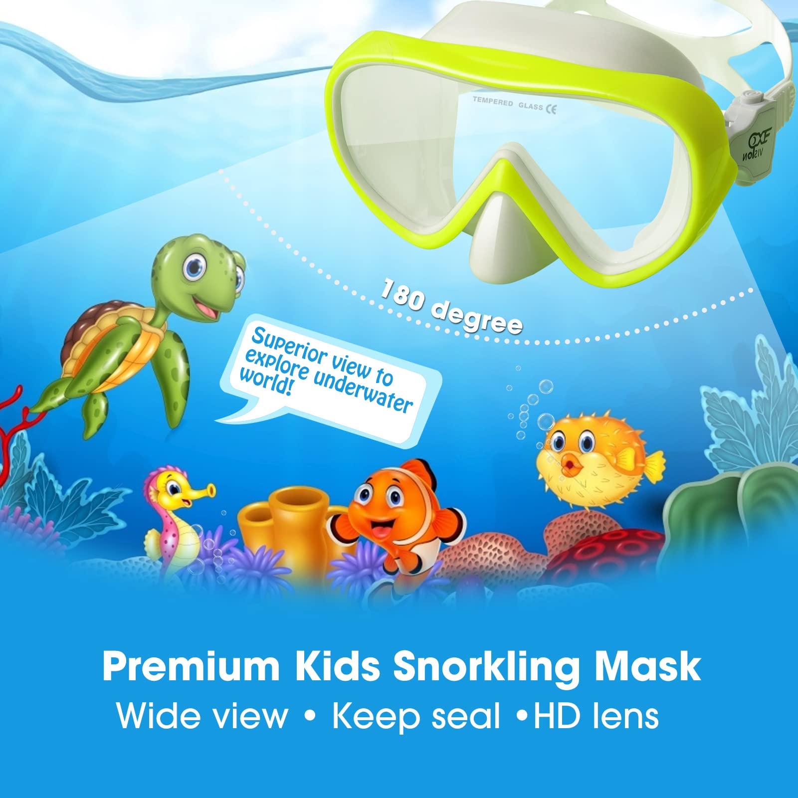 Kids Snorkel Swim Mask, Child Diving Mask Anti-Fog Swim Goggles With Nose Cover For Snorkeling Diving Swimming (Yellow)