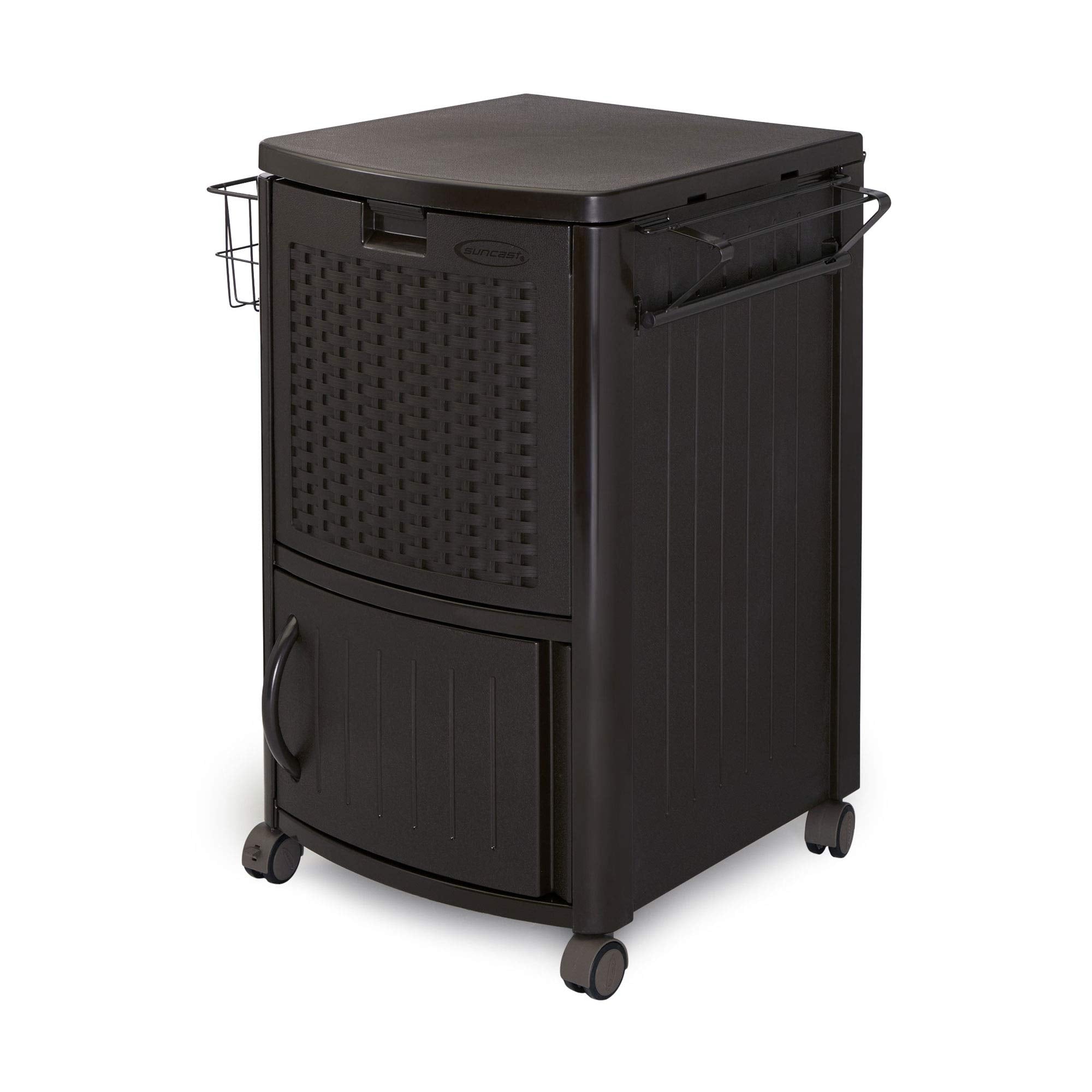 Suncast Patio Garbage Waste Trash Can Bundled W/ Patio Cooler W/ Cabinet & Wire Basket