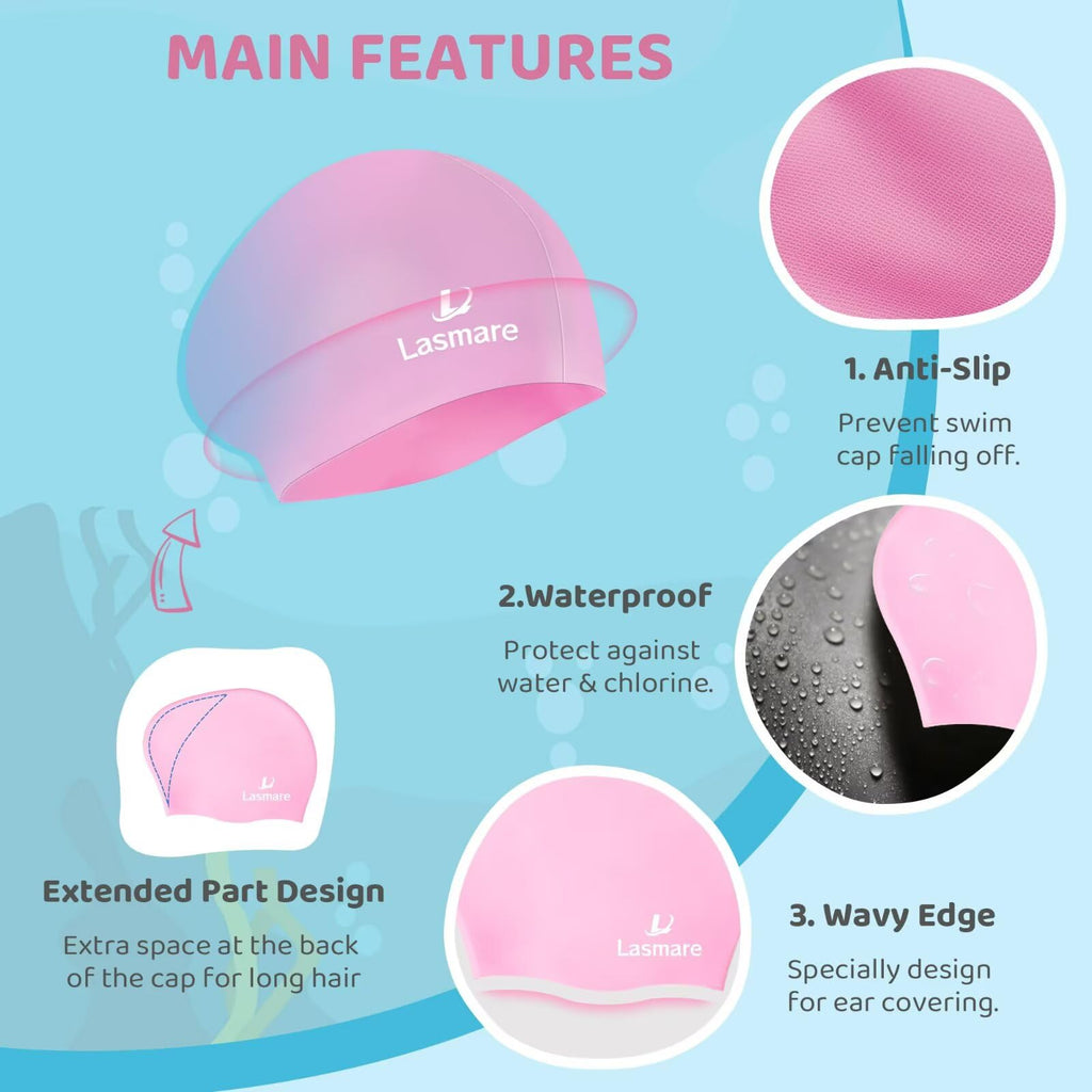 Kids Long Hair Swim Cap For Girls Boys, 3 Size Silicone Swimming Cap For Age 1-15 Toddler Children Teens, Waterproof Swim Hats B