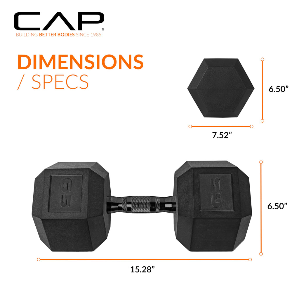 CAP Barbell 65 LB Rubber Coated Hex Dumbbell Hand Weight - Pair | Black Handle