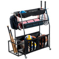 MyGift 3 Tier Black Metal Sports Rack Organizer Cart with Wheels and Mesh Fabric Shelf Baskets, Rolling Gym Equipment Yoga Mat S