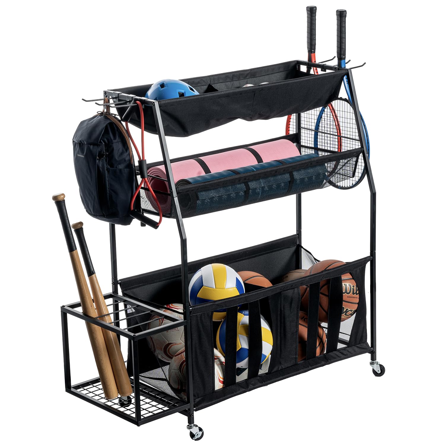 MyGift 3 Tier Black Metal Sports Rack Organizer Cart with Wheels and Mesh Fabric Shelf Baskets, Rolling Gym Equipment Yoga Mat S