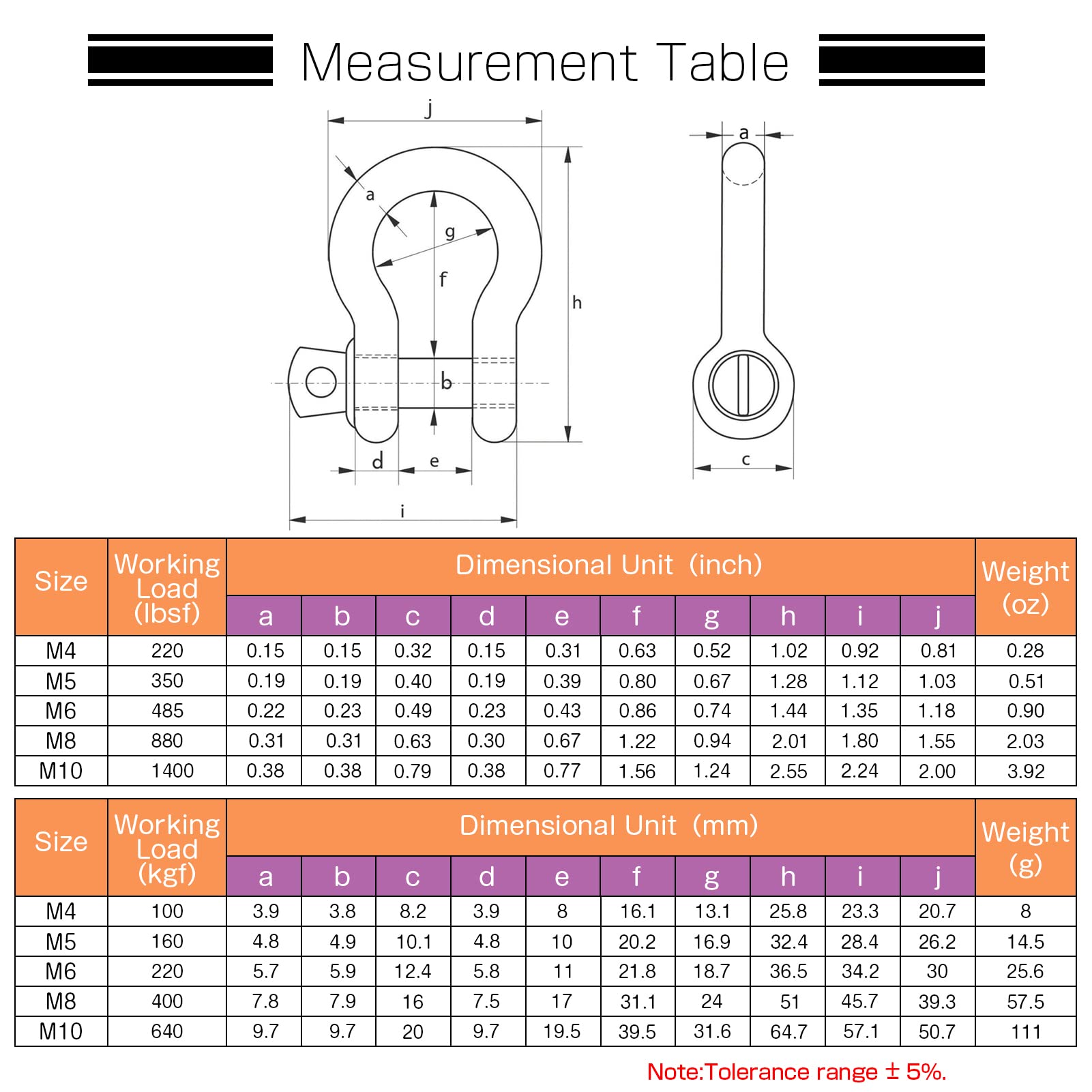 Amysports Heavy Duty Chain Shackle Stainless Lifting Load Pin Shackle Anchor Bow Marine Ring Shackles Steel Screw Outdoor M5 350