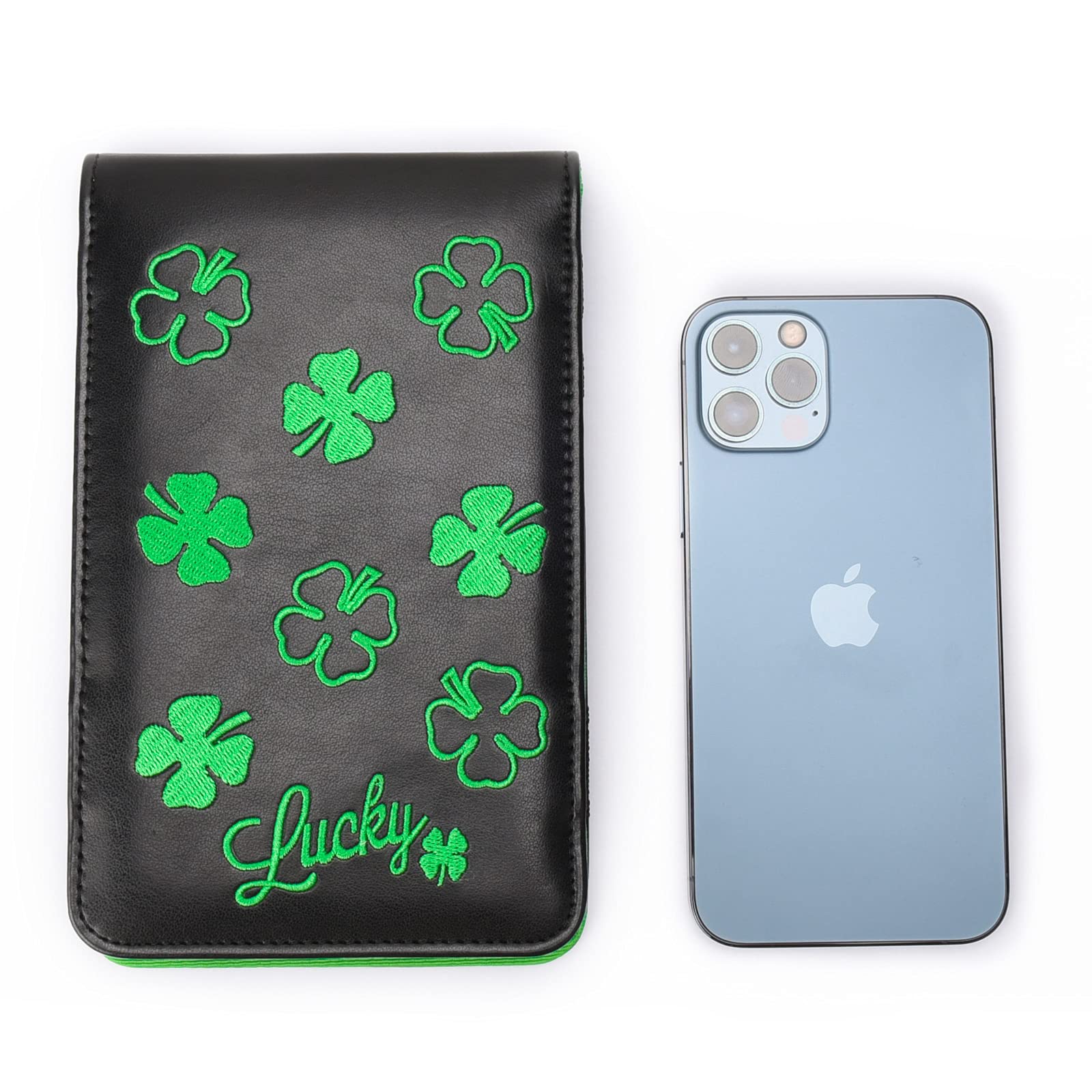 Big Teeth Golf Scorecard Holder Yardage Book Lucky Clover Pattern Golf Accessories (Black)