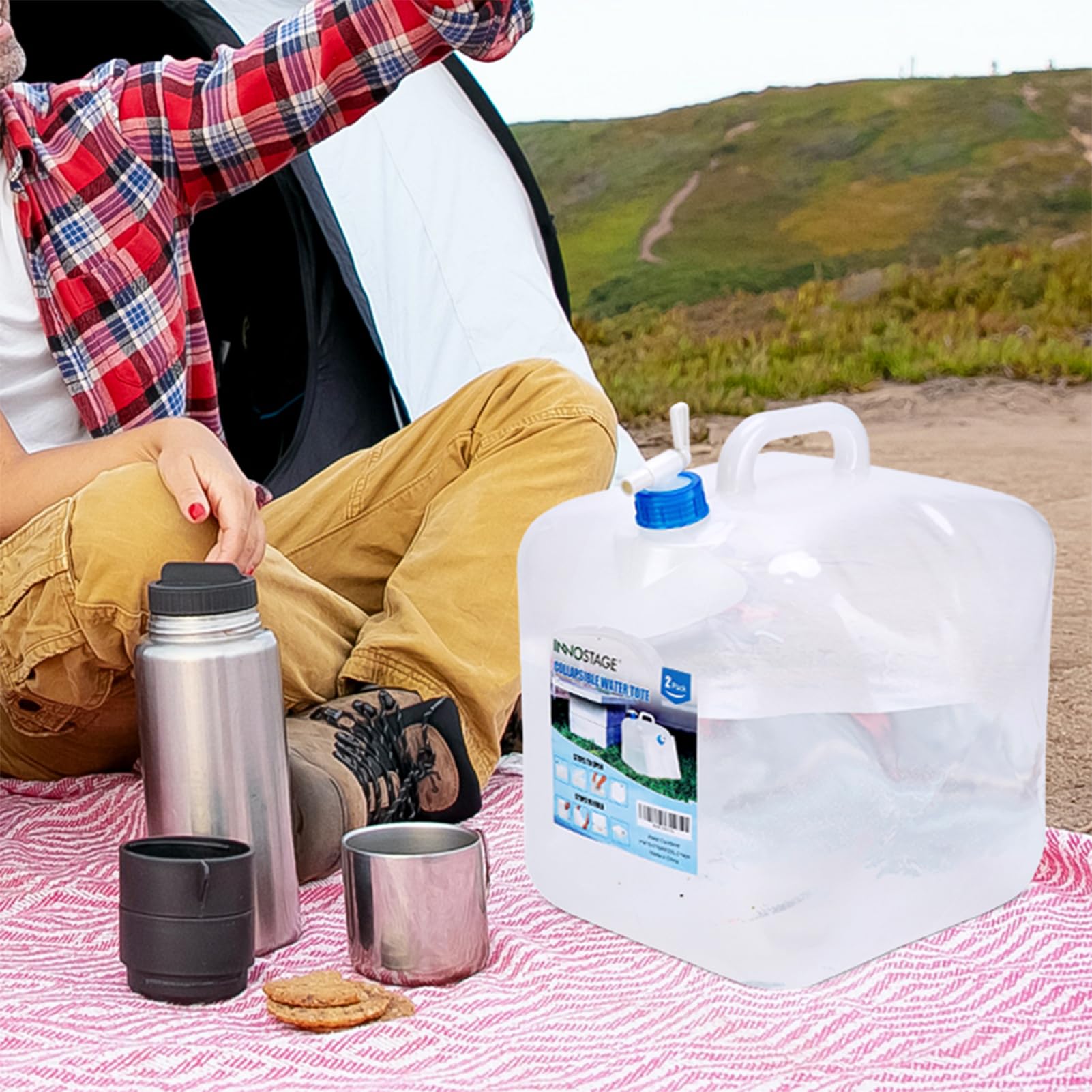 Inno Stage 4 Pack Collapsible Water Container 5.3 Gallon With Spigot, Camping Water Storage Carrier Jug For Outdoors Hiking, Fol