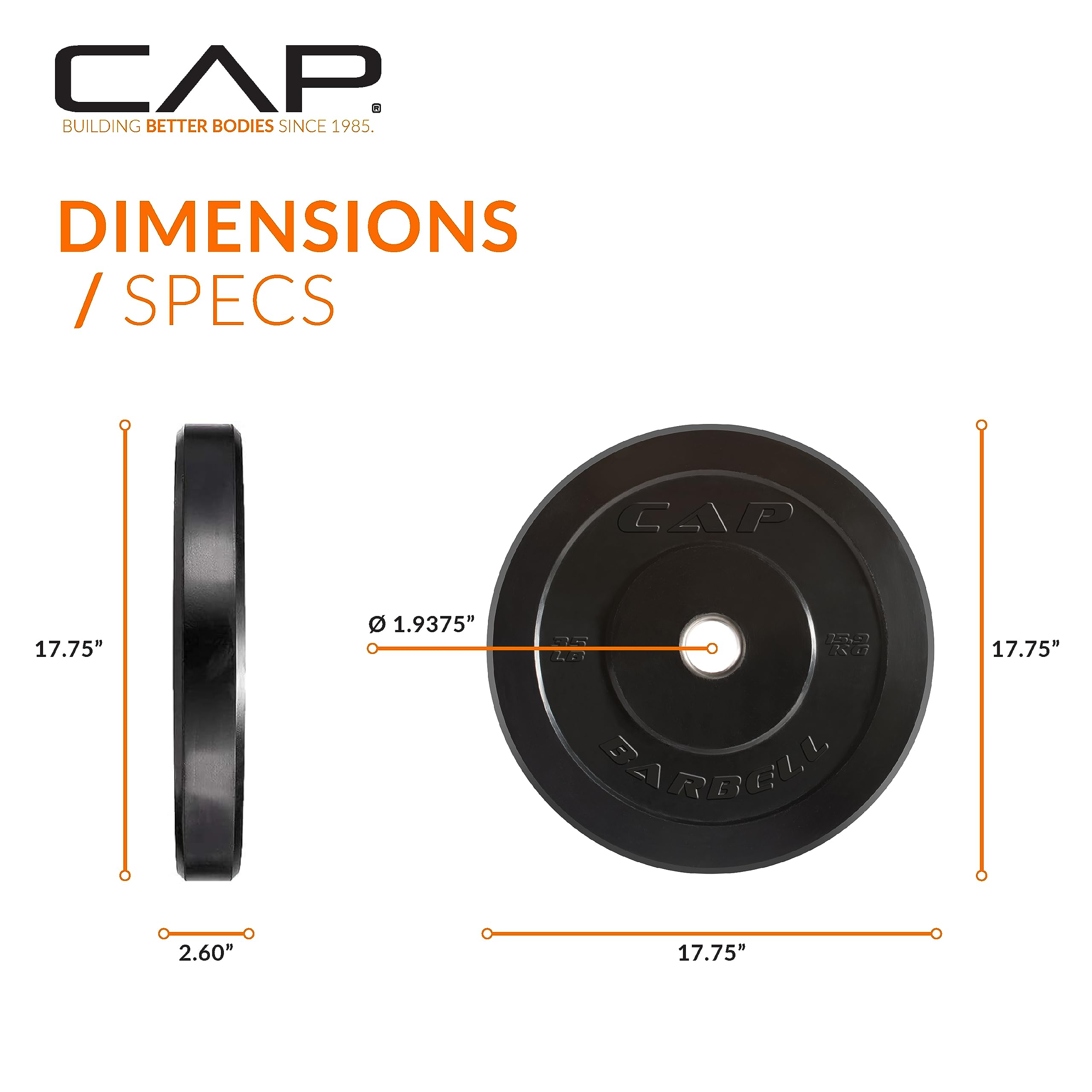 Cap Barbell Better Olympic Bumper Plate, Black, 35 Lb Single
