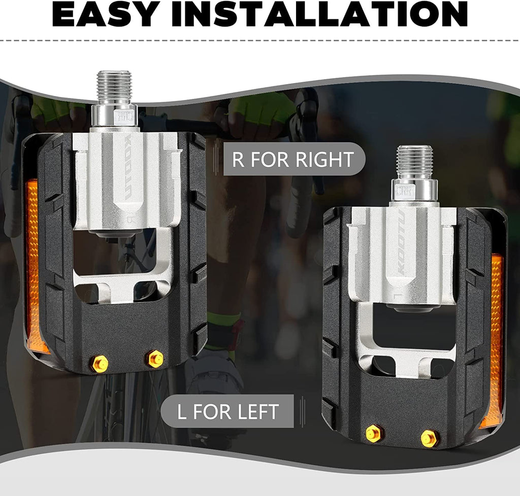 Kootu Bike Pedals With Reflective Strips, Universal 9/16 Inch Mountain Bike Pedals, Sealed Bearing Lightweight Platform, Non-Sli