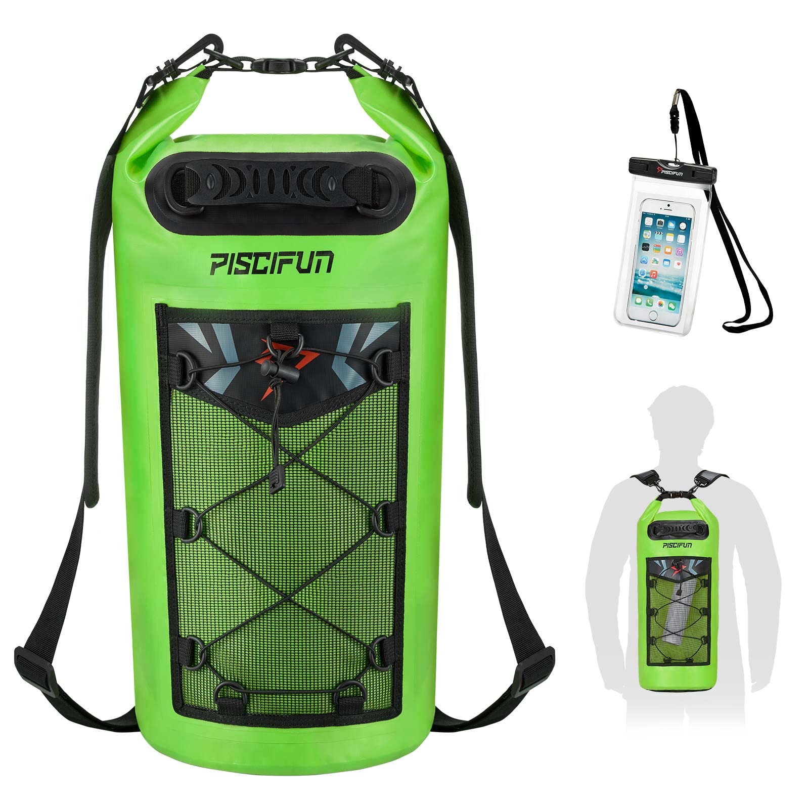 Piscifun Dry Bag, Waterproof Floating Backpack 30L with Waterproof Phone Case for Boating, Kayaking, Fishing, Light Green 30L