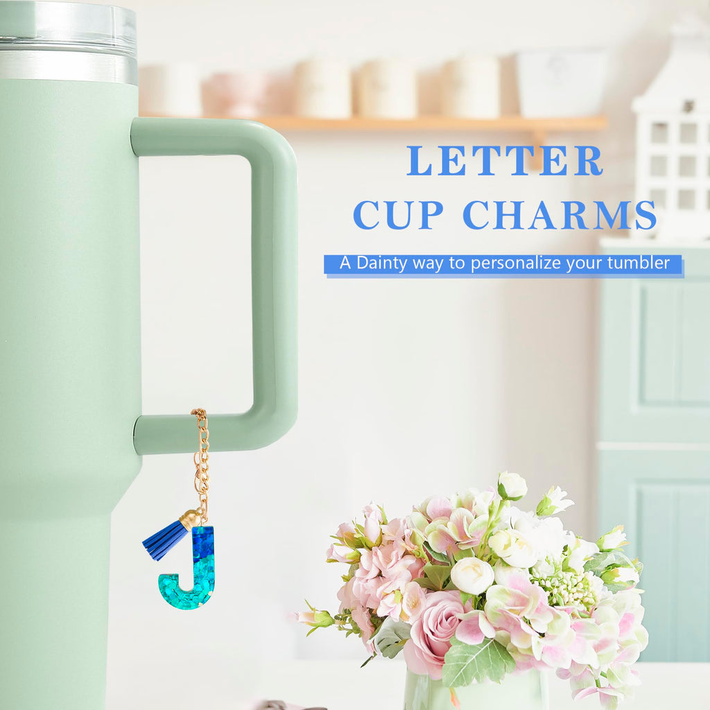 Letter Charm Accessories for Stanley Cup 1 PCS Cute Initial Keychain Handle Charm for Stanley Tumbler for Women Blue Letter J