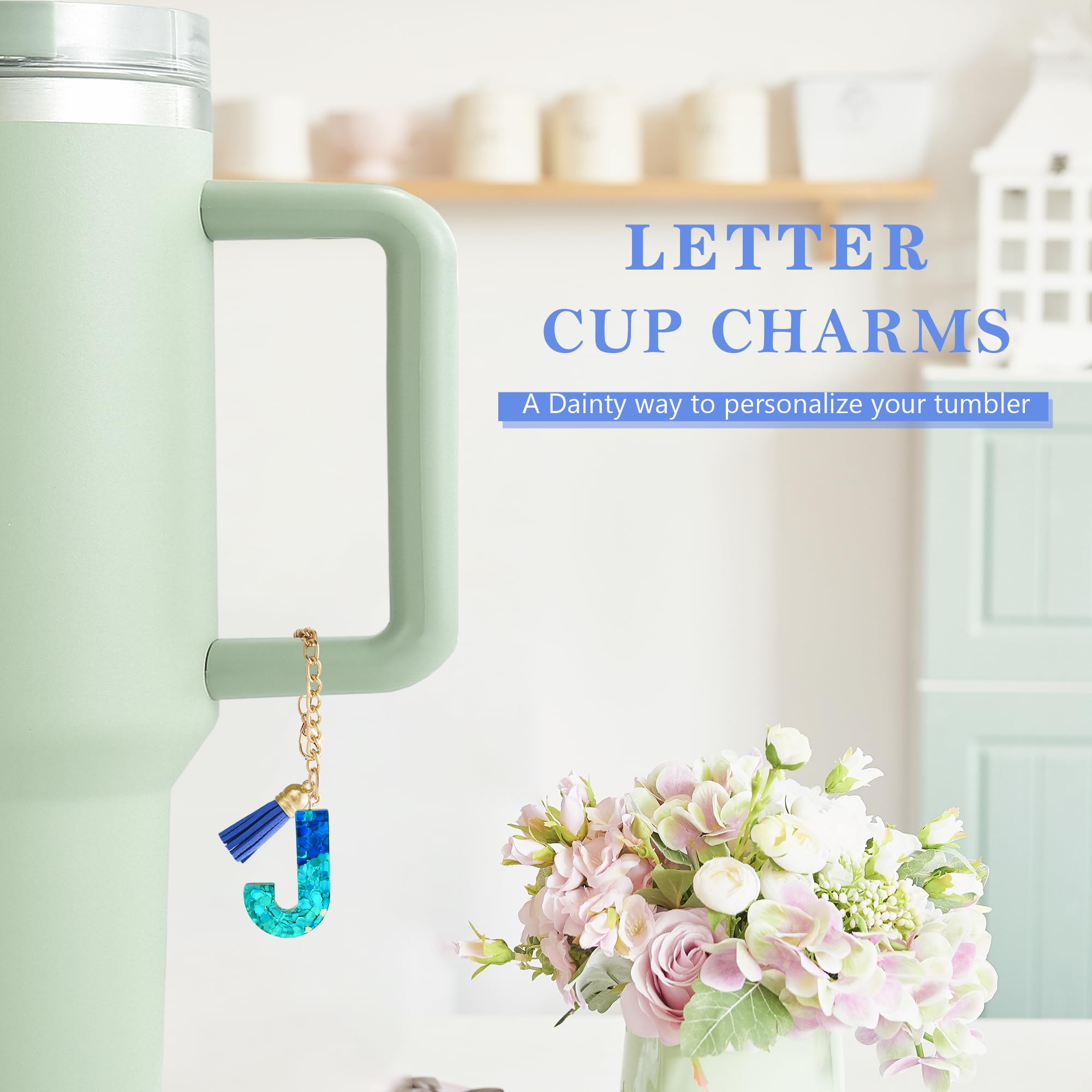 Letter Charm Accessories for Stanley Cup 1 PCS Cute Initial Keychain Handle Charm for Stanley Tumbler for Women Blue Letter J