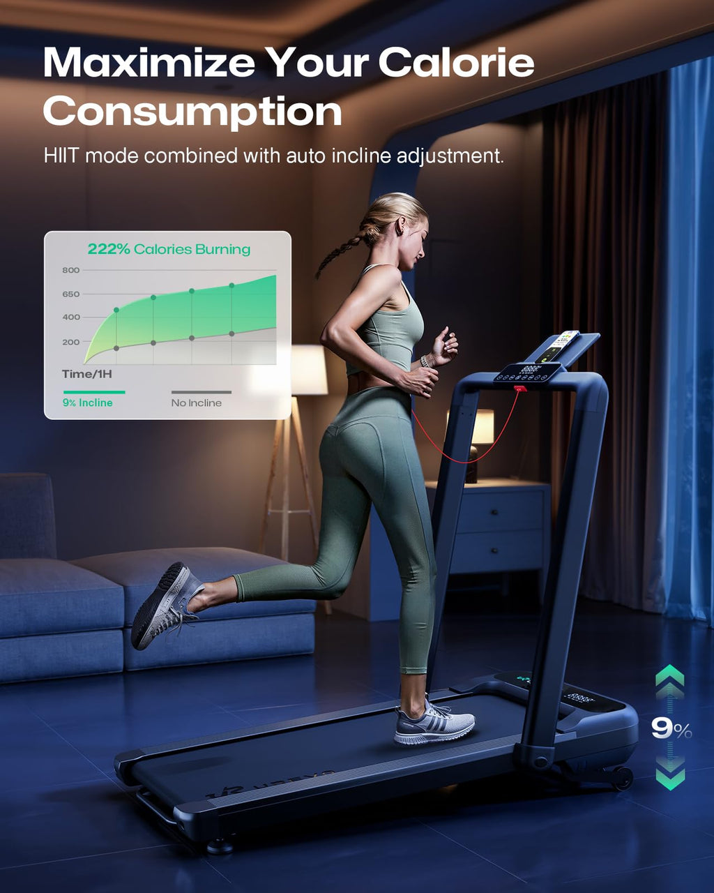 UREVO Smart Treadmill with 9% Incline, 3-in-1 Foldable Treadmill with Handle for Home/Office Fitness, Runner-Focused Design, 6 H